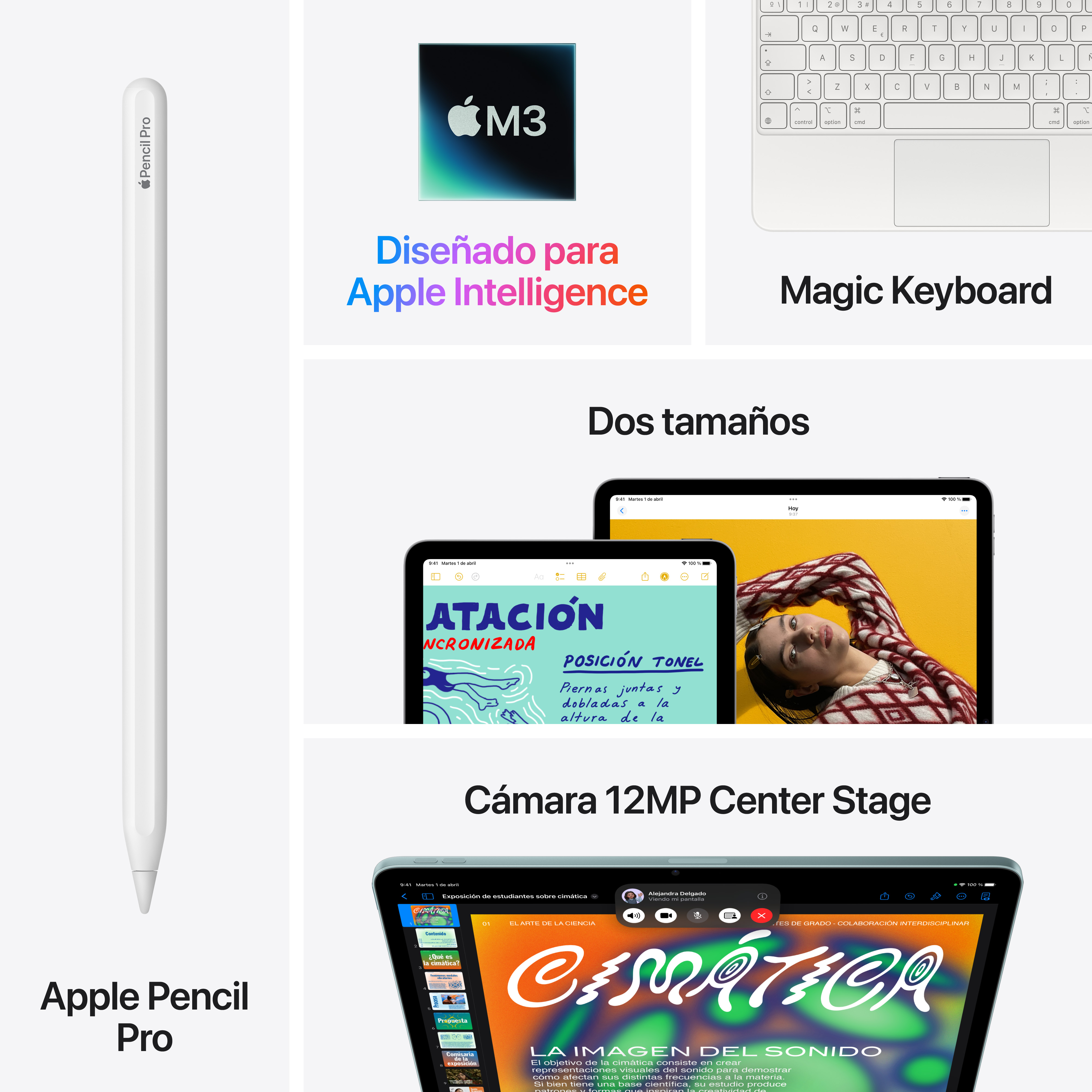 Apple Pencil Pro, Magic Keyboard y dos iPads. Texto en español: 'Diseñado para Apple Intelligence'.