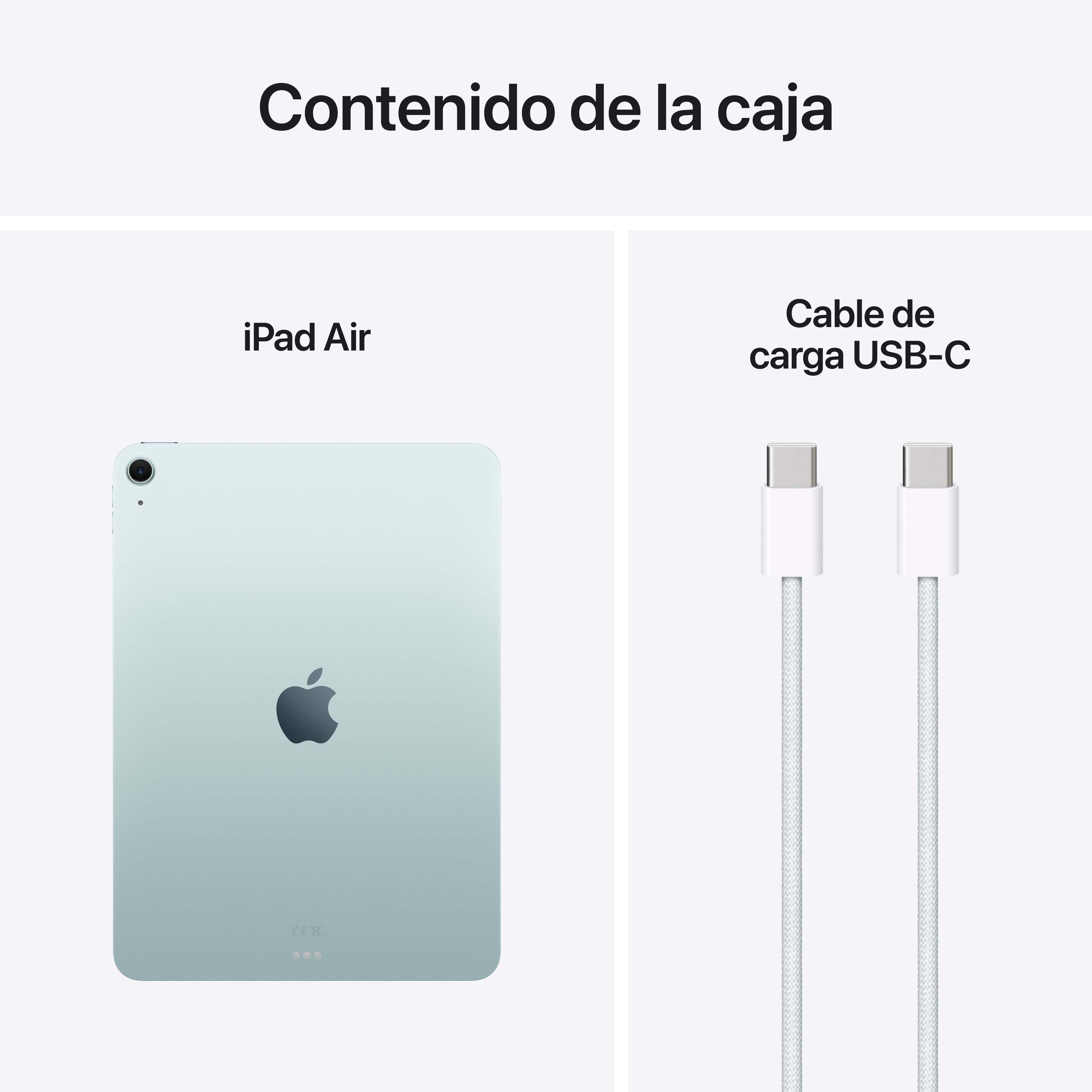 iPad Air y cable de carga USB-C sobre fondo blanco. Texto: Contenido de la caja.