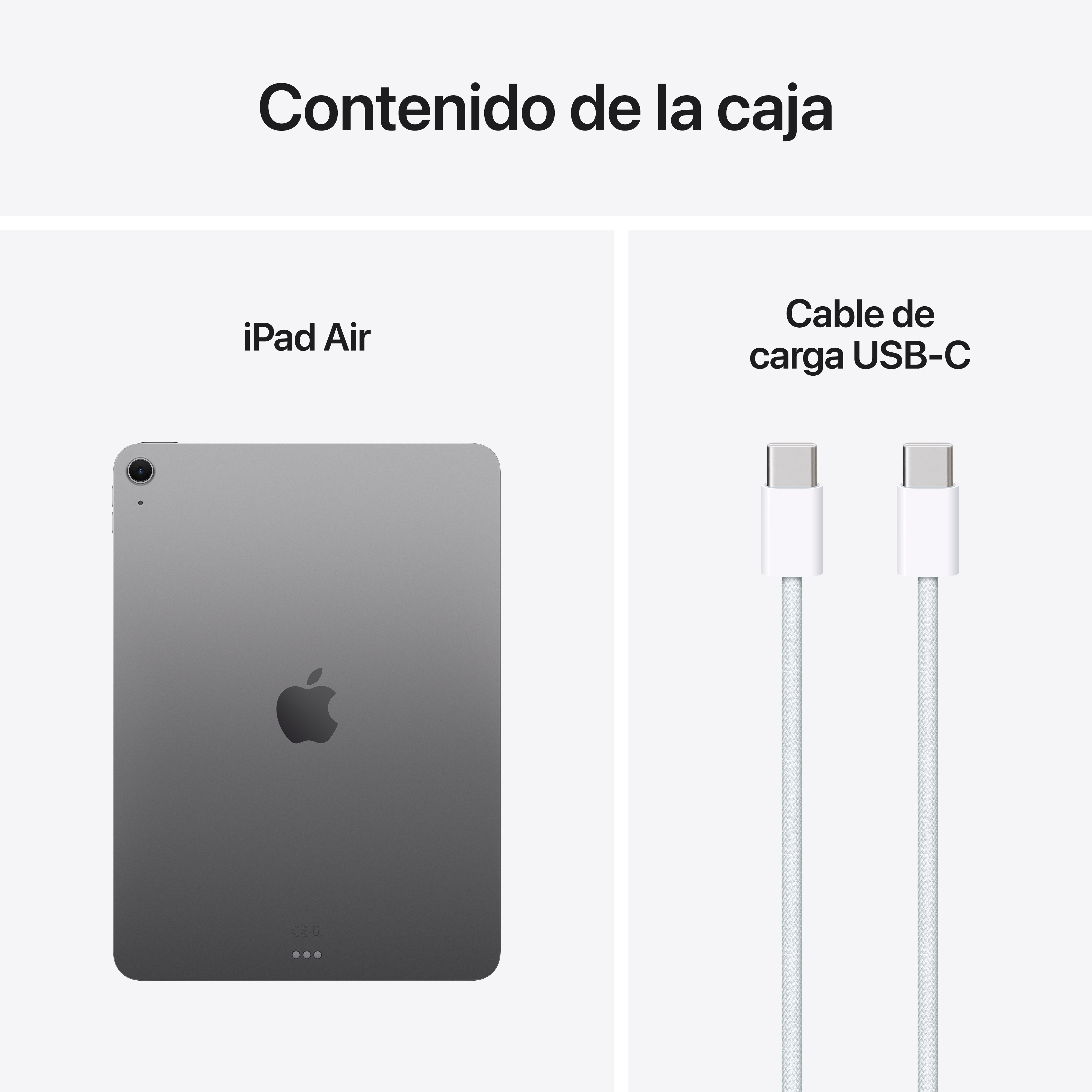 Imagen muestra contenido de la caja: MacBook Air 13 pulgadas, adaptador USB-C y cable USB-C a MagSafe 3.