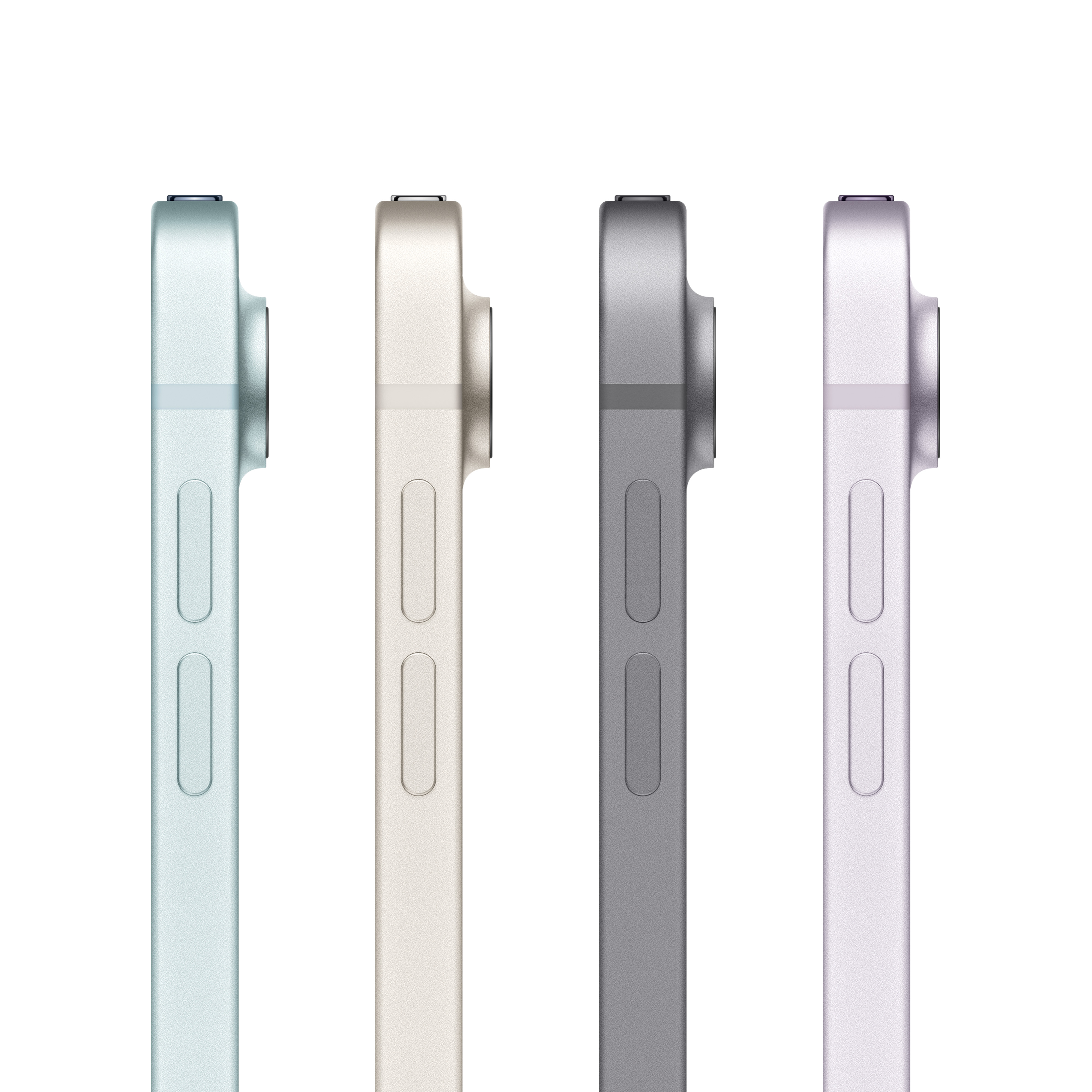 Cuatro perfiles laterales de dispositivos iPad Air en varios colores: azul, dorado, gris y morado.