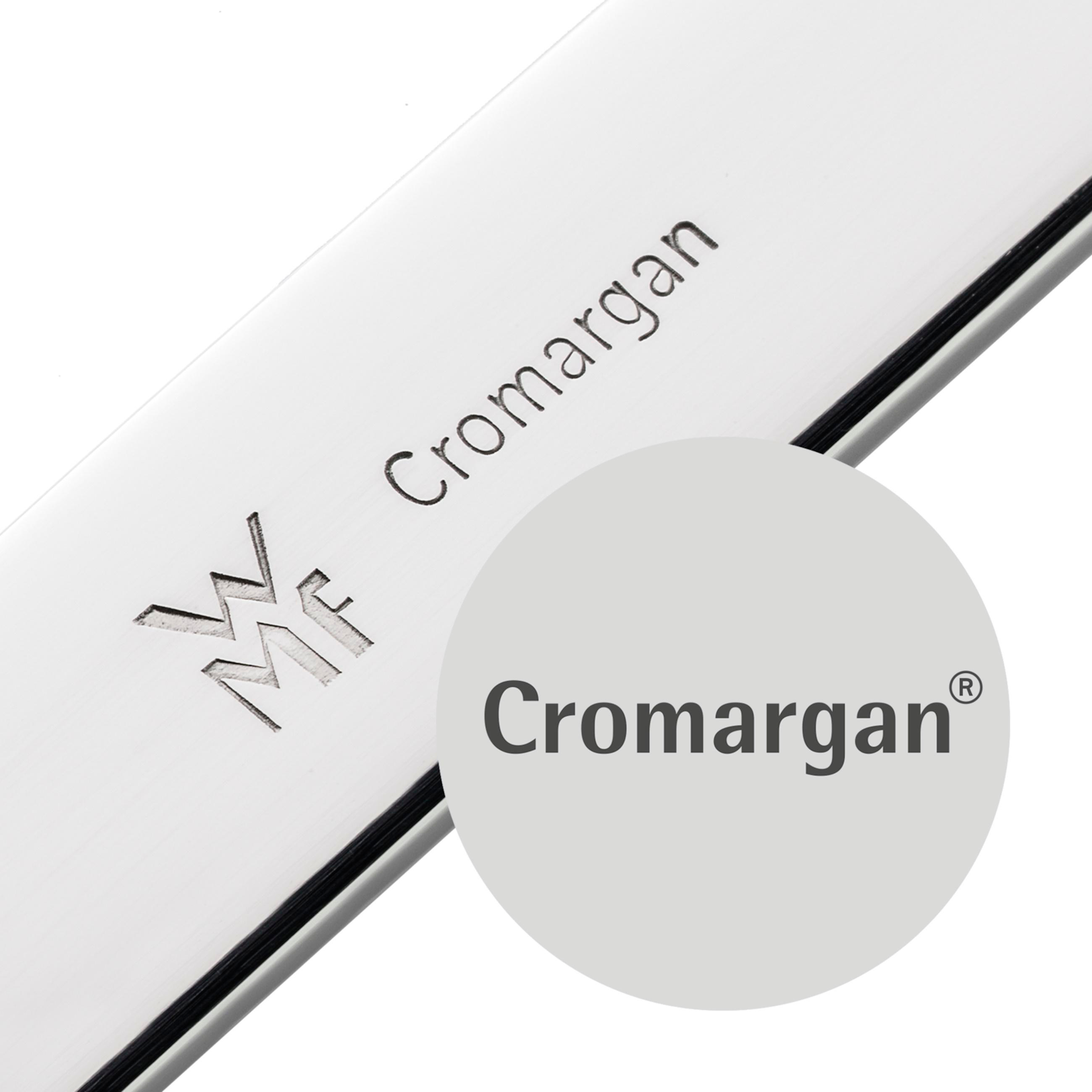 Nahaufnahme von Cromargan-Besteck aus Edelstahl mit Logo und Text. Weißer Hintergrund.