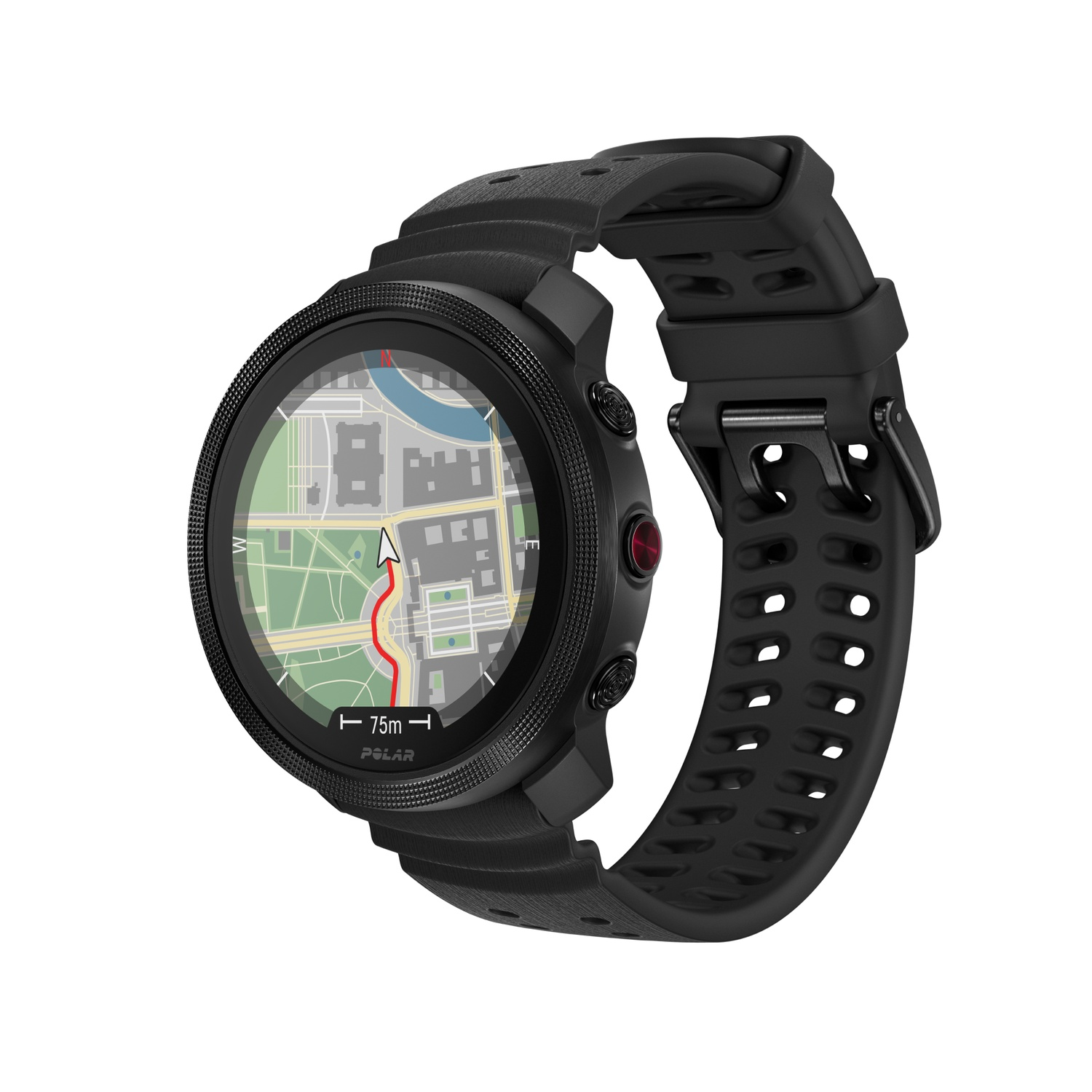 Zwarte Polar smartwatch met kaart op scherm, zwarte band en rode knop aan de zijkant.