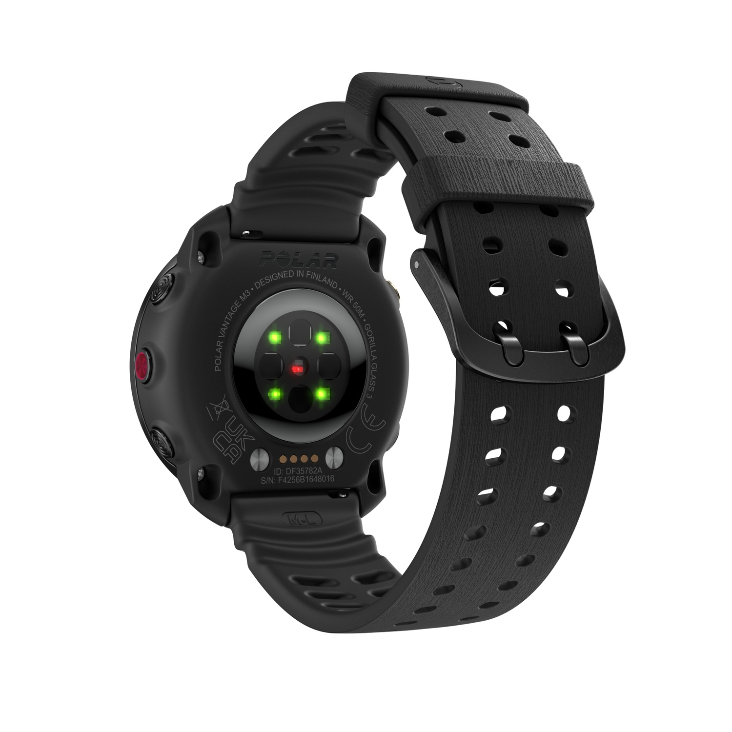 Zwarte smartwatch met een zwarte band. De achterkant van het horloge toont de sensoren. Witte achtergrond.