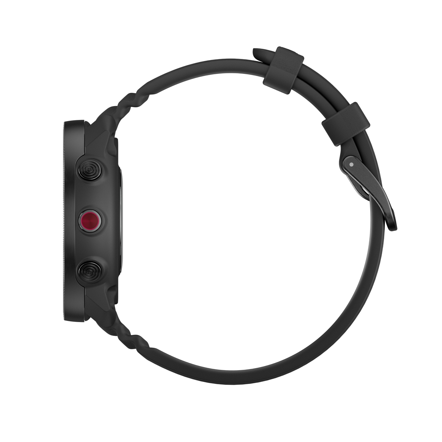 Zwarte smartwatch met ronde wijzerplaat en zwarte band, zijaanzicht, witte achtergrond.