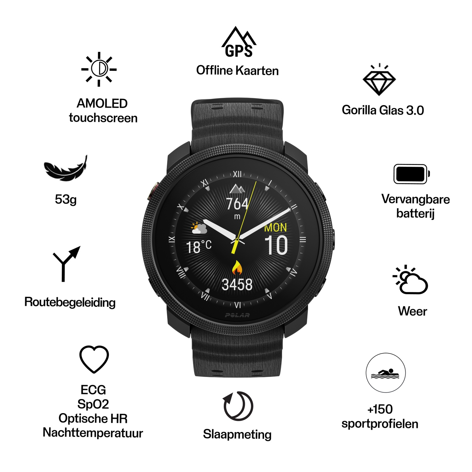 Zwarte smartwatch met pictogrammen voor functies als GPS, hartslag en slaapregistratie.