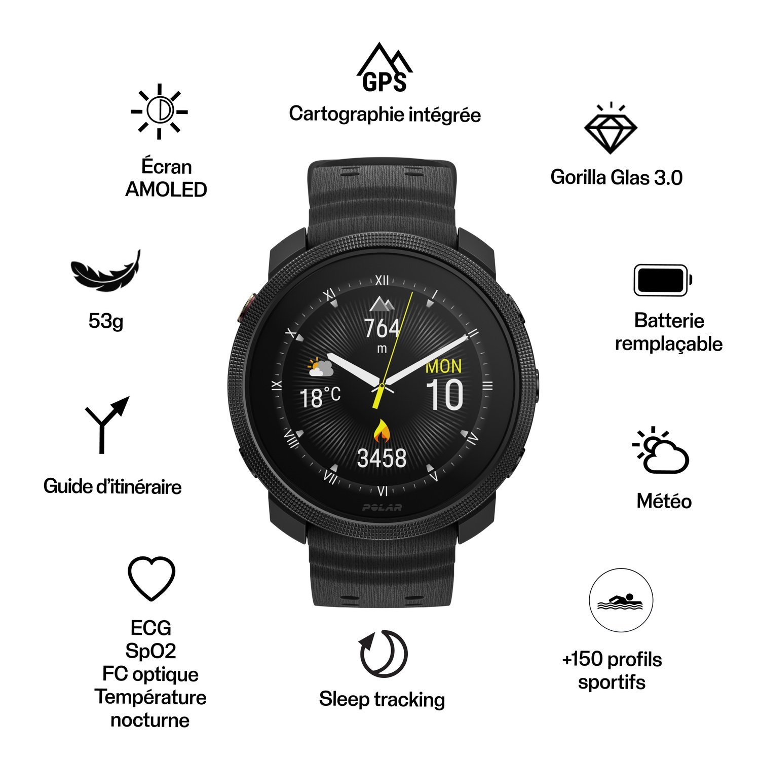 Smartwatch noire avec des icônes de fonctionnalités telles que ECG, GPS, suivi du sommeil et météo.