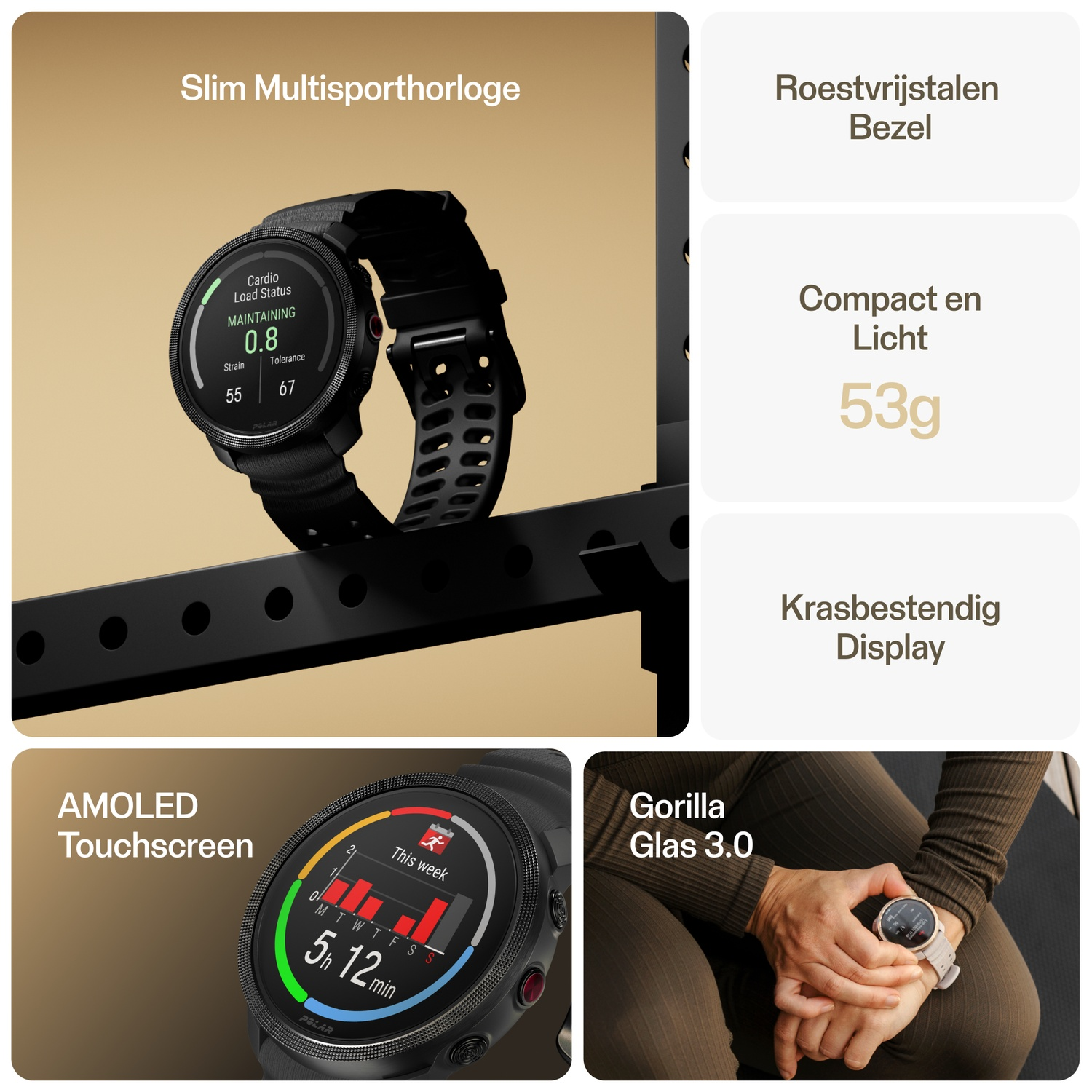 Zwarte smartwatch met een zwarte band en een display met fitnessgegevens, samen met functies.
