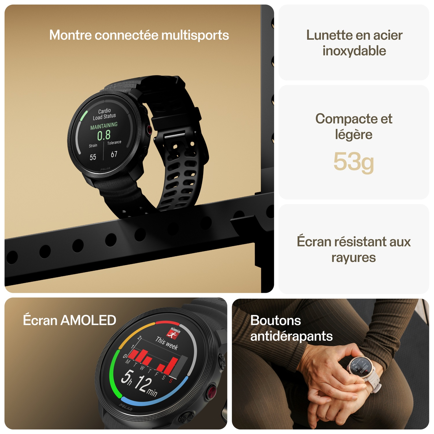 Une montre connectée multisports avec plusieurs écrans et des fonctionnalités mises en évidence dans des boîtes.