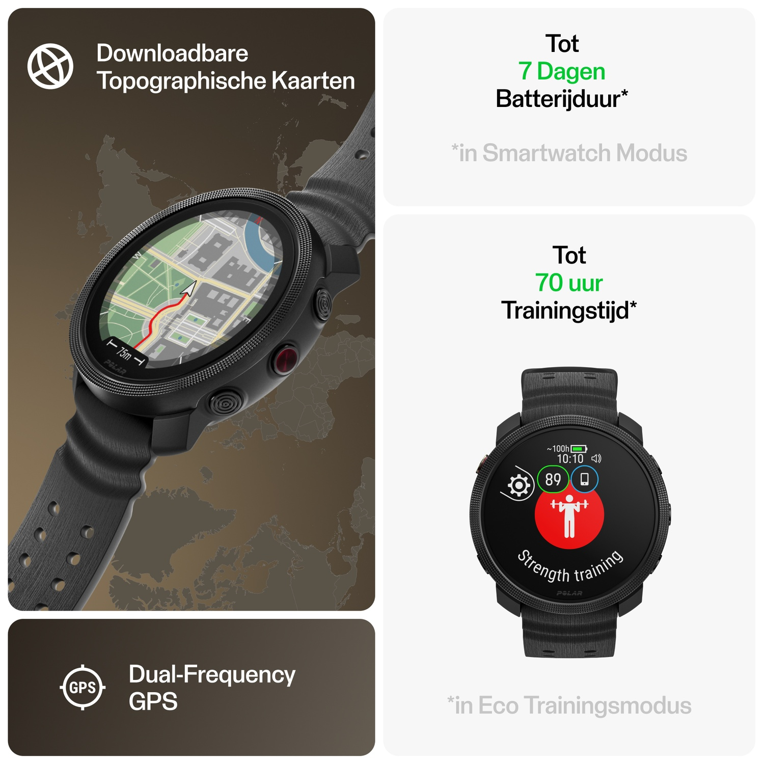 Een zwarte smartwatch en een kaart links met twee grafieken die gegevens weergeven.