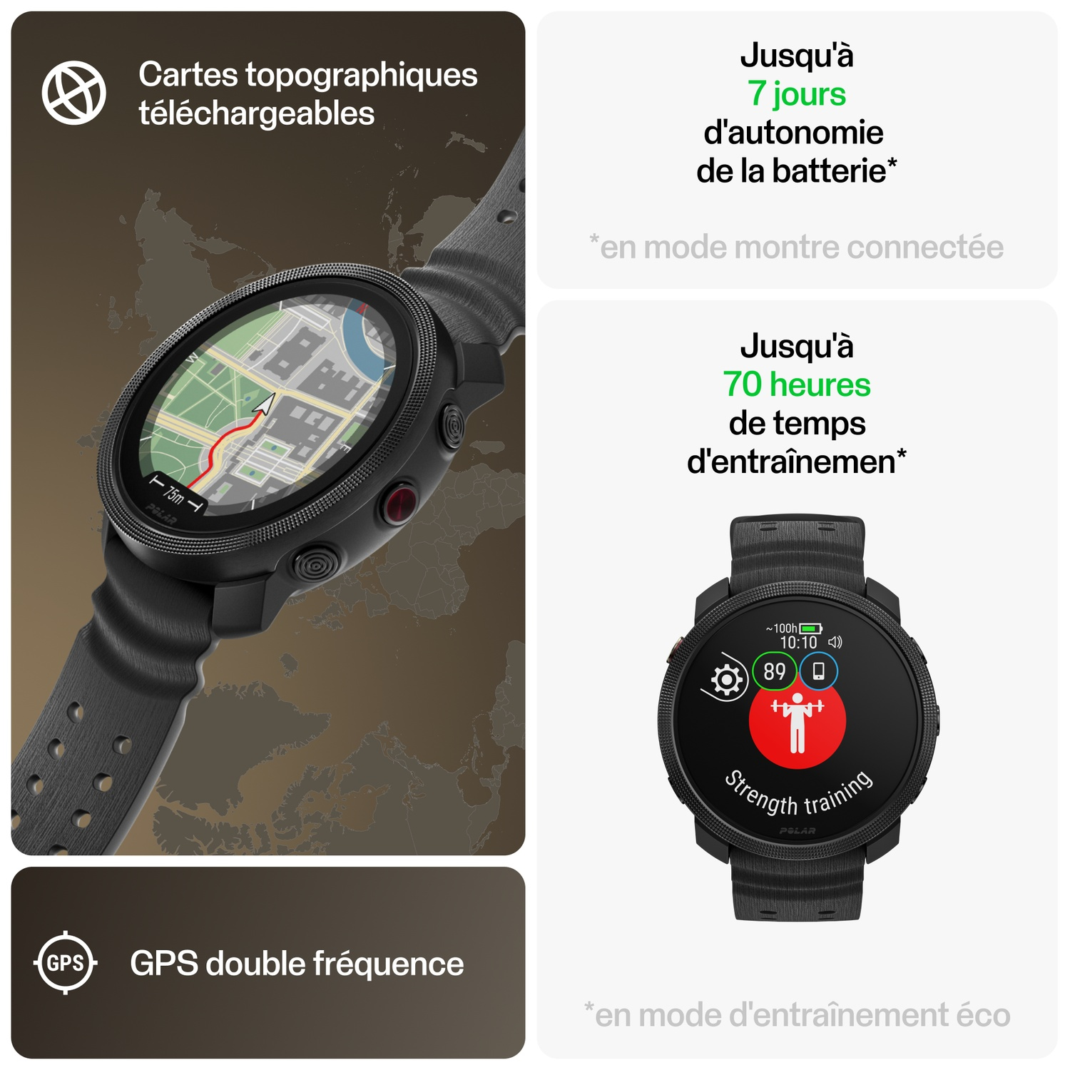 Montre de sport noire affichant une carte et des données d'entraînement. Elle a un bracelet et des boutons noirs.