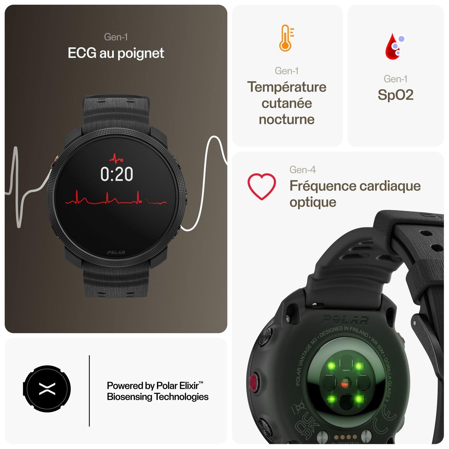 Une montre intelligente noire affichant des indicateurs de santé. Texte et graphiques affichés.