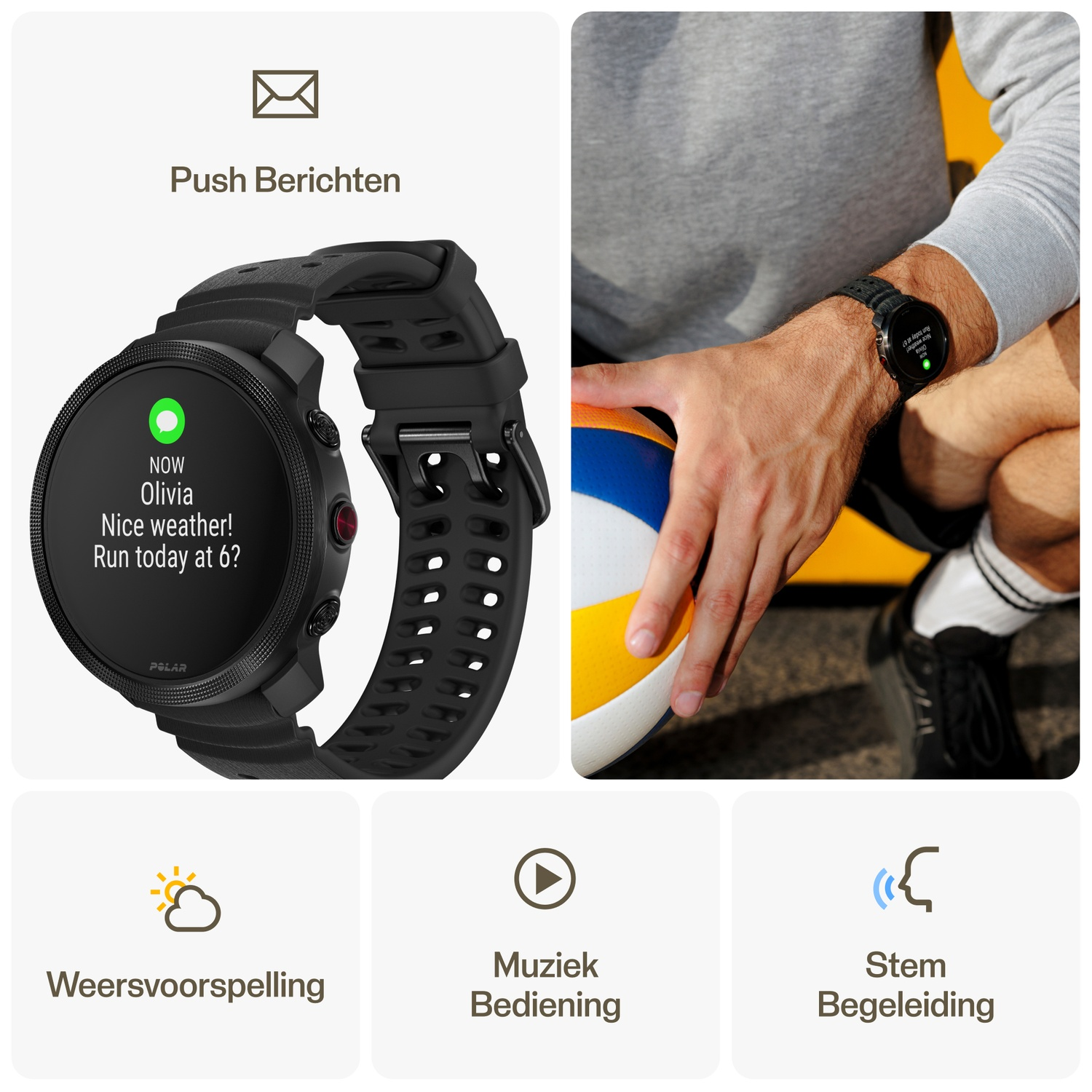 Een zwarte smartwatch om een pols, met meldingen en functies.