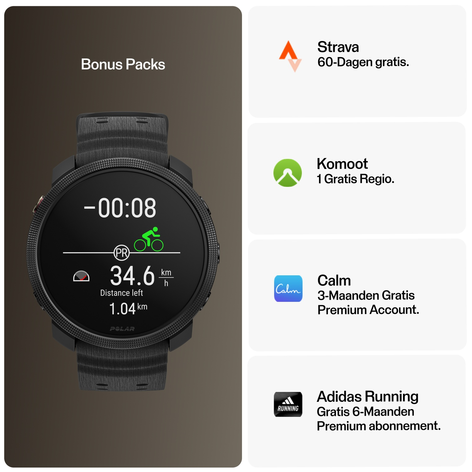 Een smartwatch toont fitnessgegevens en bonuspakketlogo's: Strava, Komoot, Calm, Adidas Running.