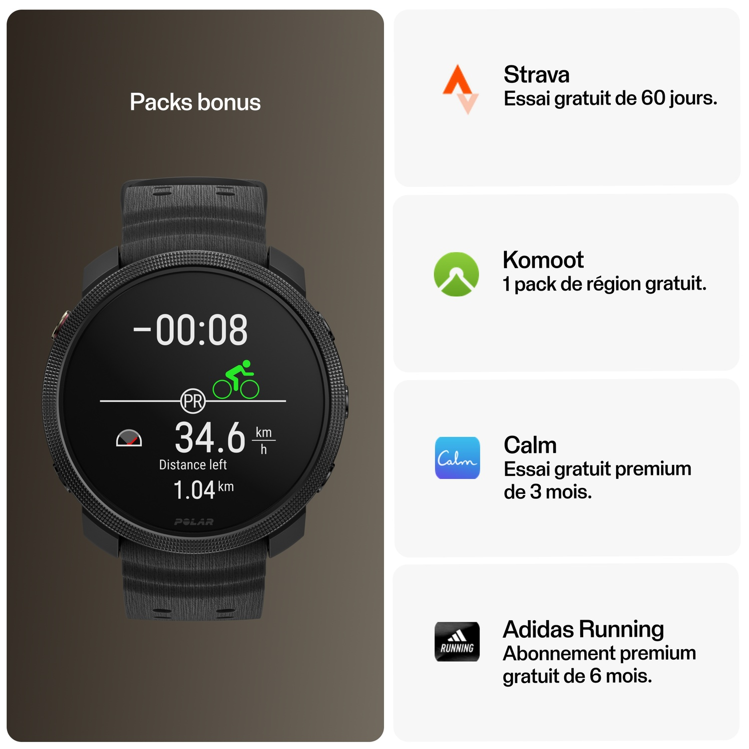 Montre connectée affichant les statistiques d'entraînement et les offres d'applications bonus.