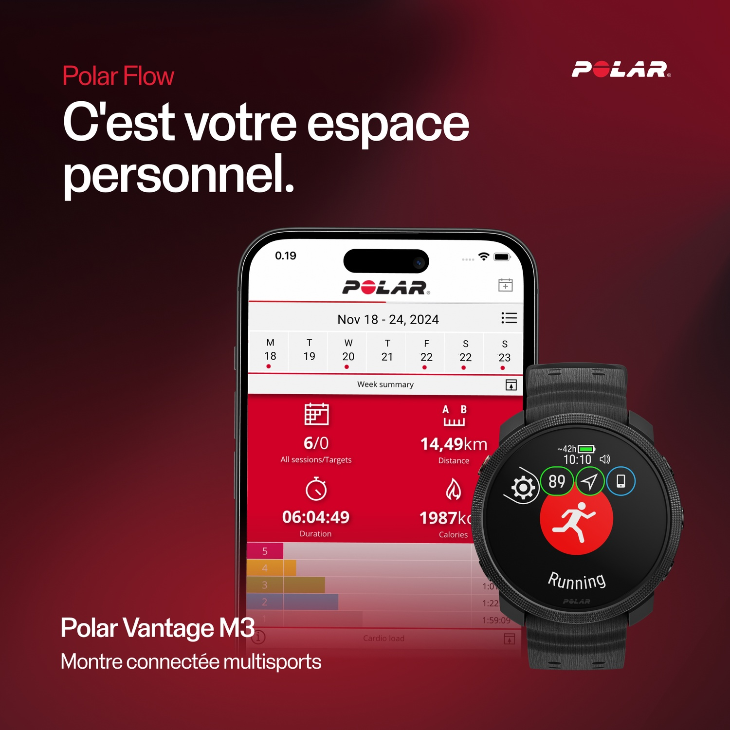Une montre intelligente affichant des données de fitness avec un graphique circulaire rouge et du texte. Elle affiche l'heure, les pas et un symbole de course.