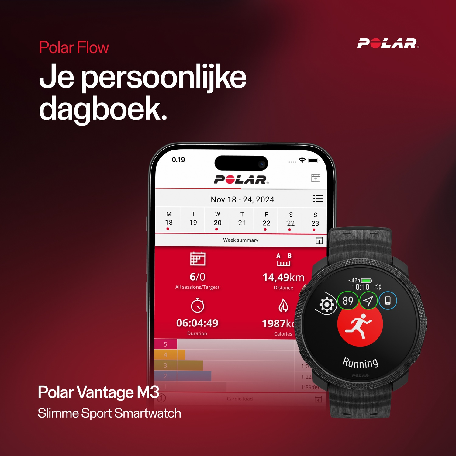 Smartwatch op een telefoon die de Polar Flow-app weergeeft. Een man rent op het scherm.