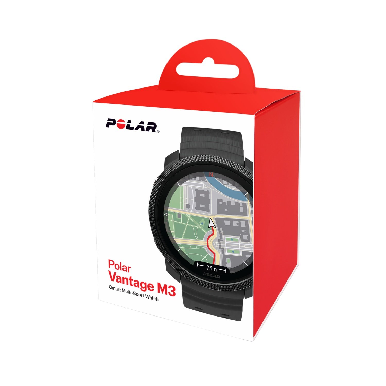 Polar Vantage M3 smart multi-sport horloge in de rood-witte doos.