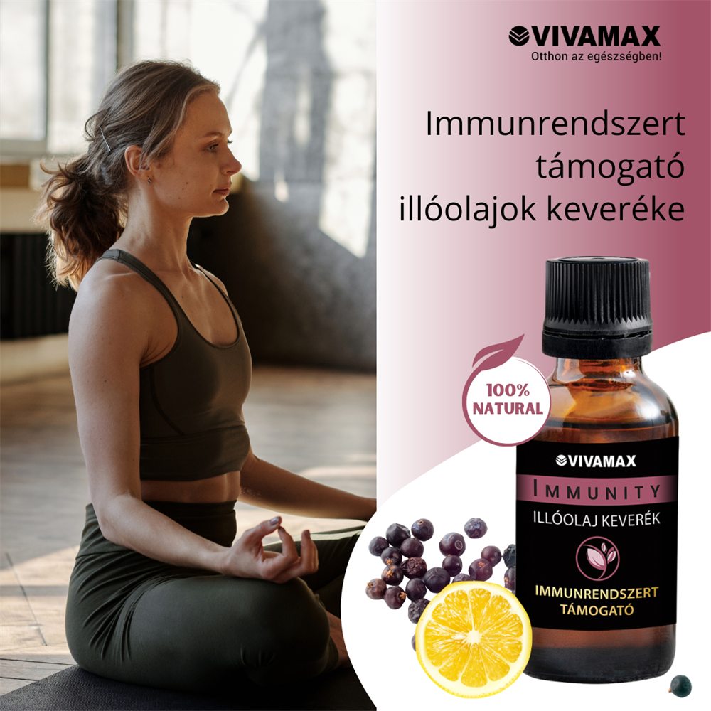Jógapózban lévő nő illóolajos üveggel, immunrendszerről, citromról és bogyókról szóló szöveggel.
