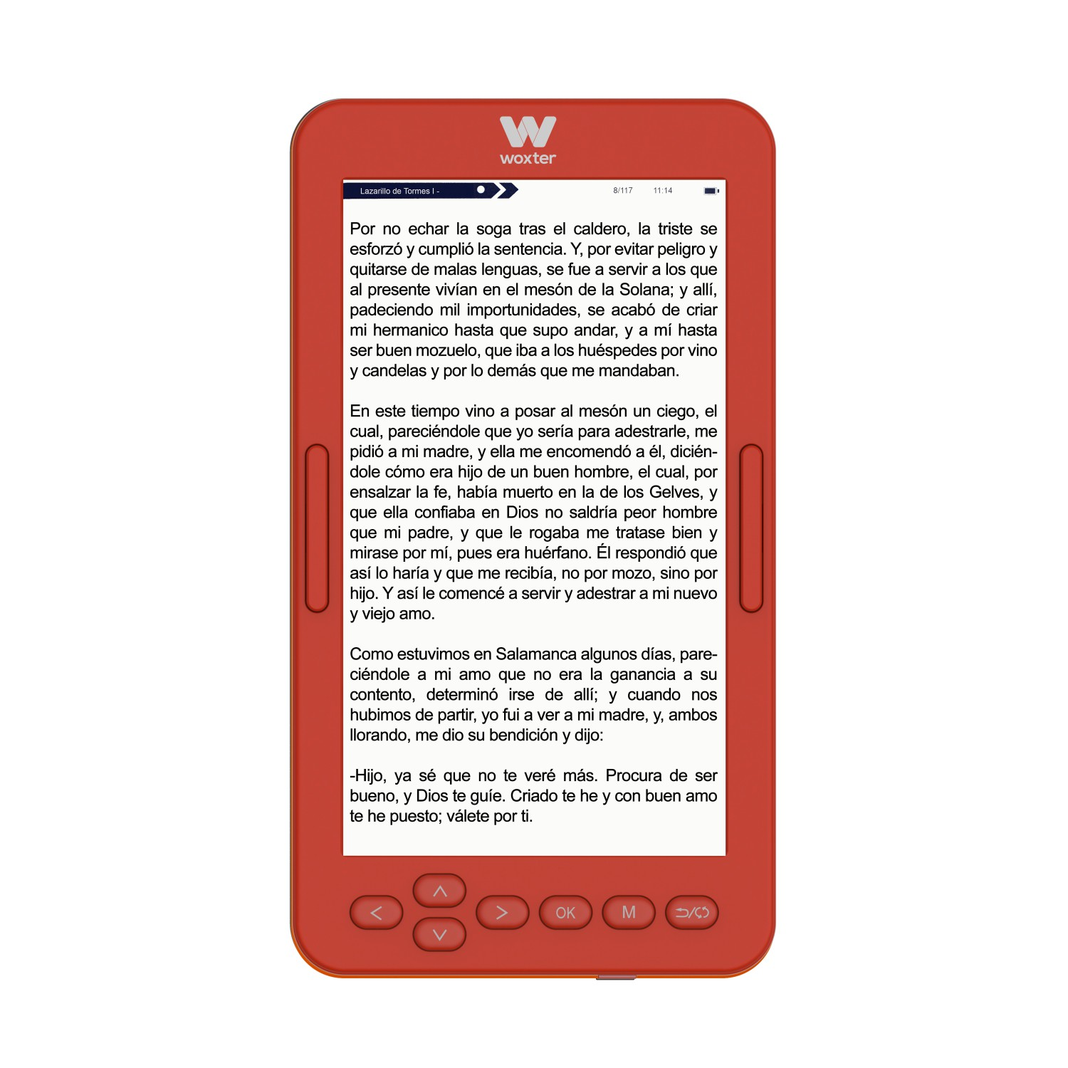 Lector electrónico rojo mostrando texto. Botones abajo. Superposición de texto.