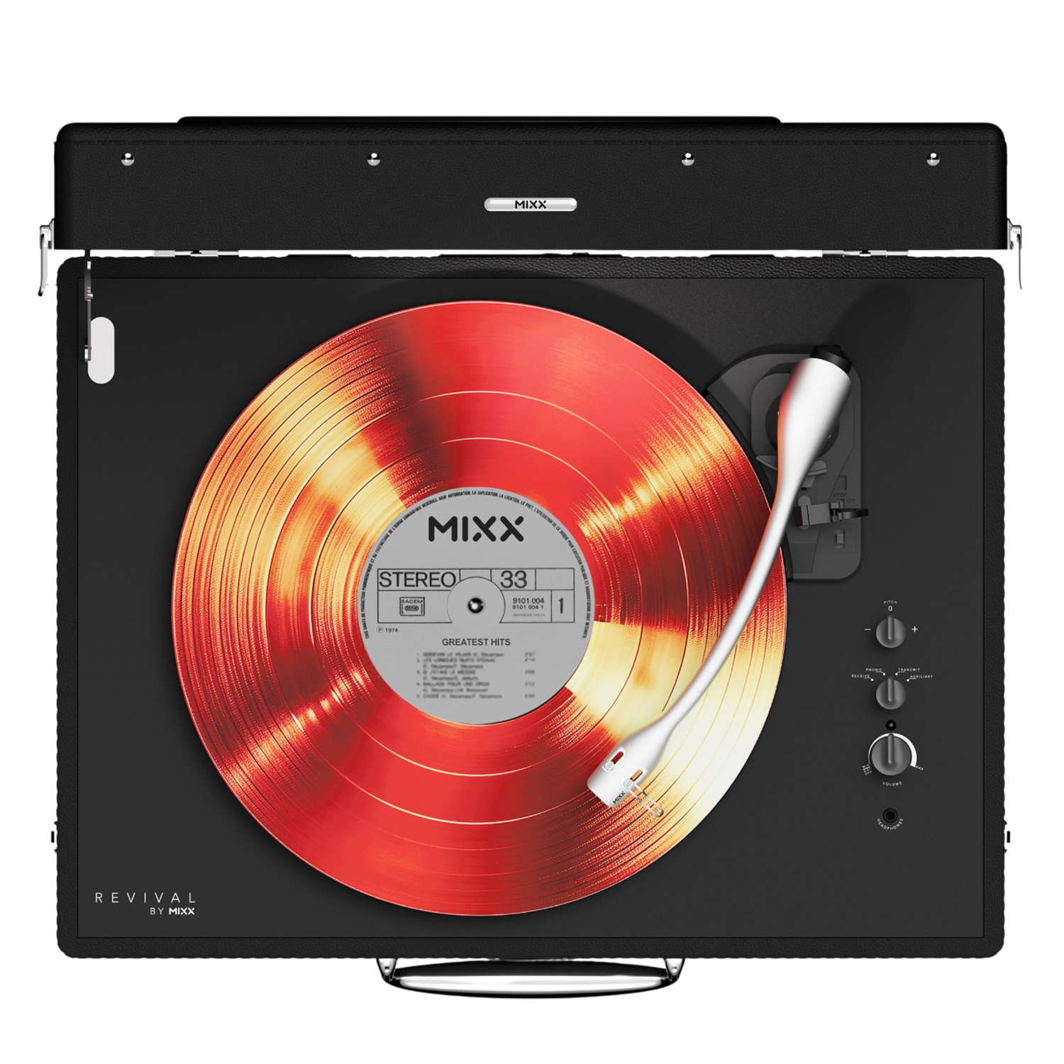 A record player with a red vinyl record and tonearm.