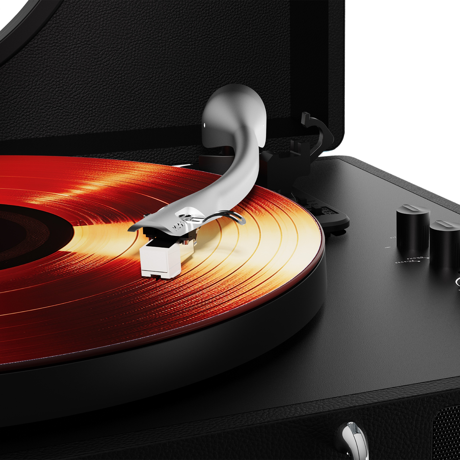 Black record player with a red vinyl record and tonearm.