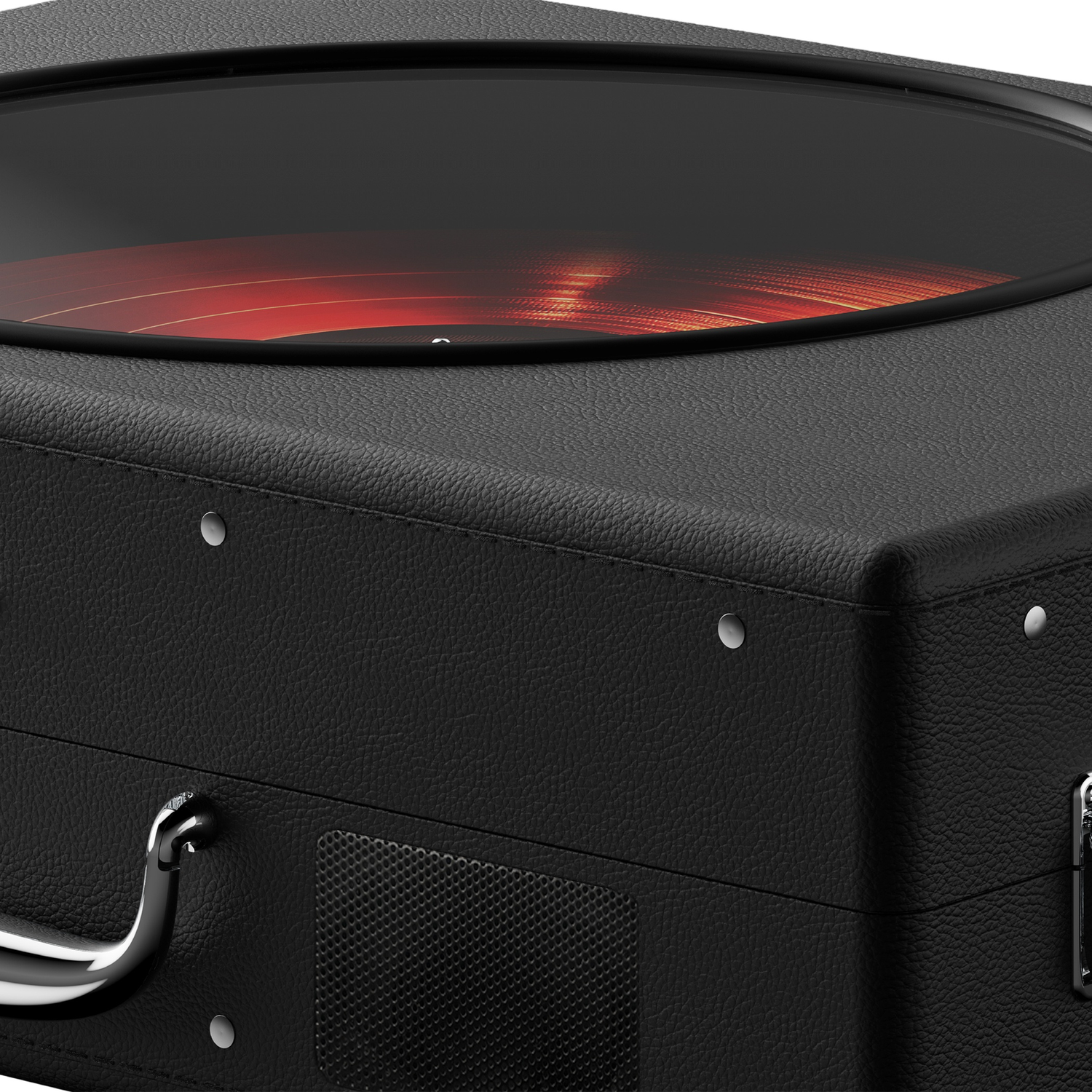 Black suitcase-style record player with a silver handle and speaker grille.