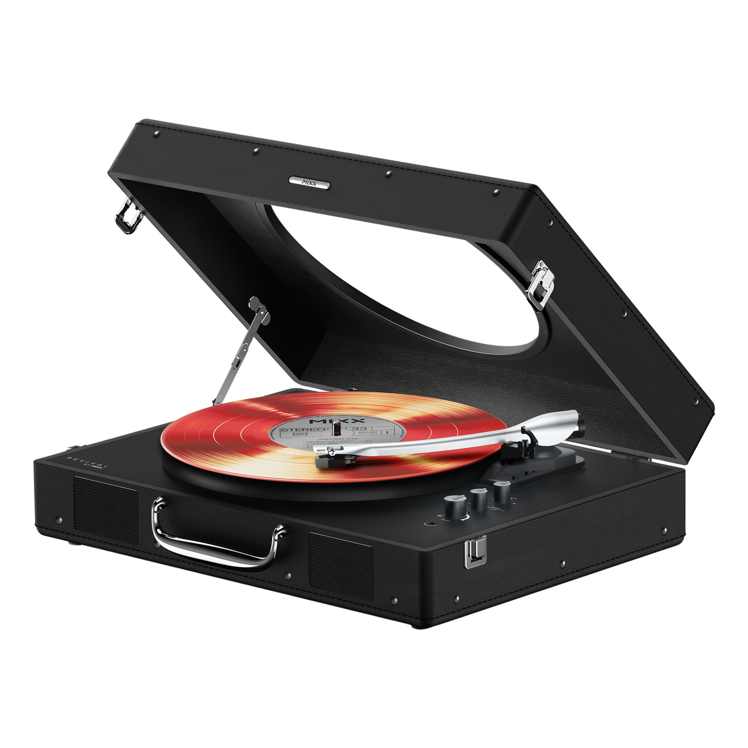 Black record player with open lid and red vinyl record on display.