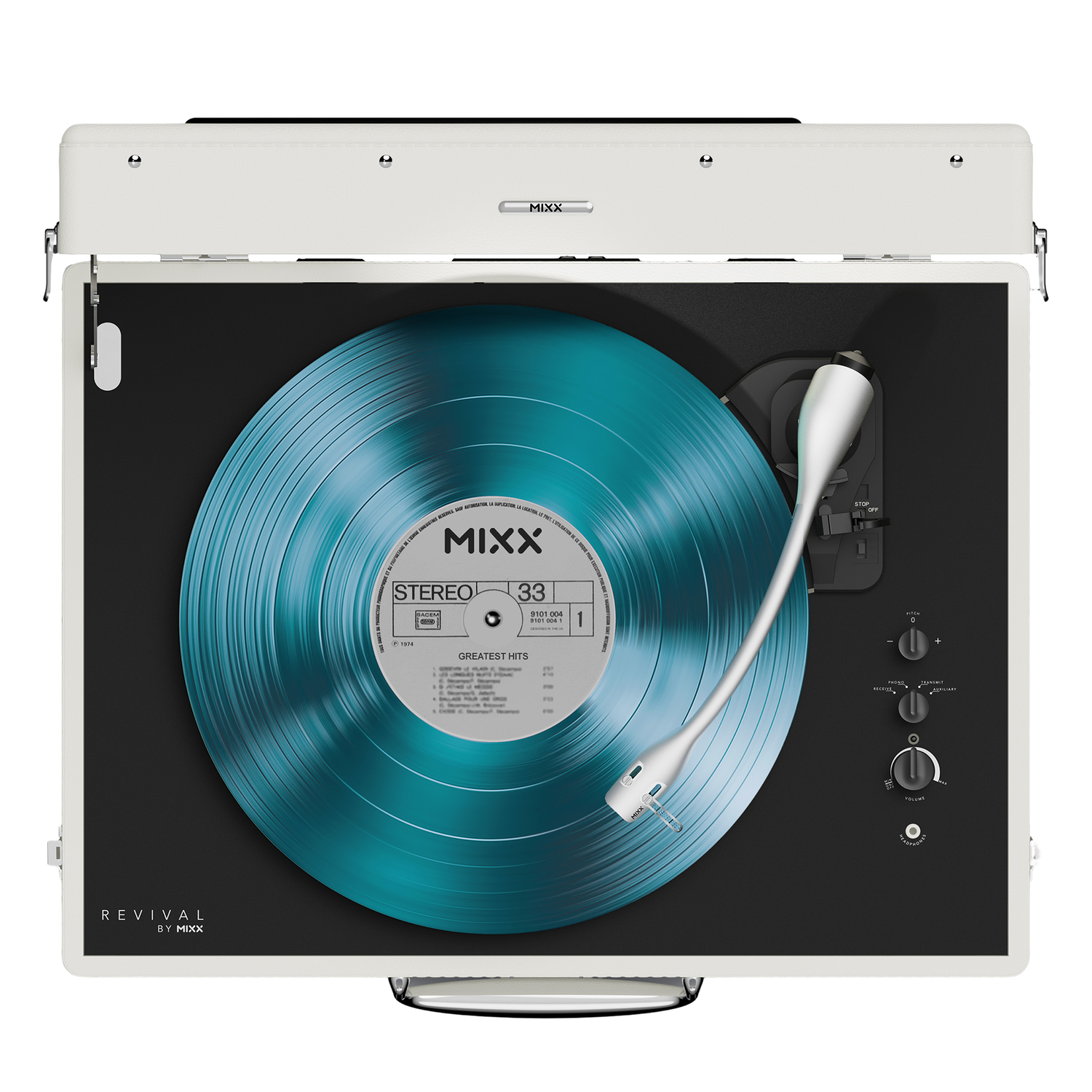 A white record player featuring a blue vinyl record labeled "Greatest Hits".