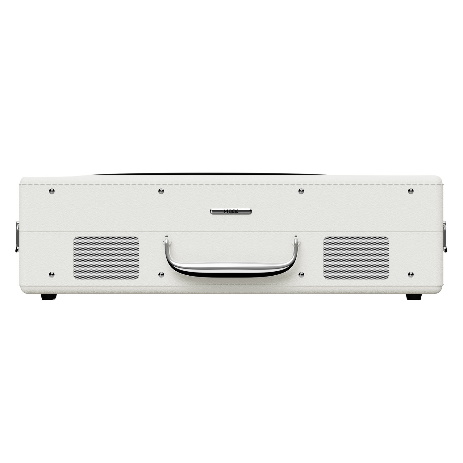 A white suitcase-style record player with a silver handle and speaker grilles.