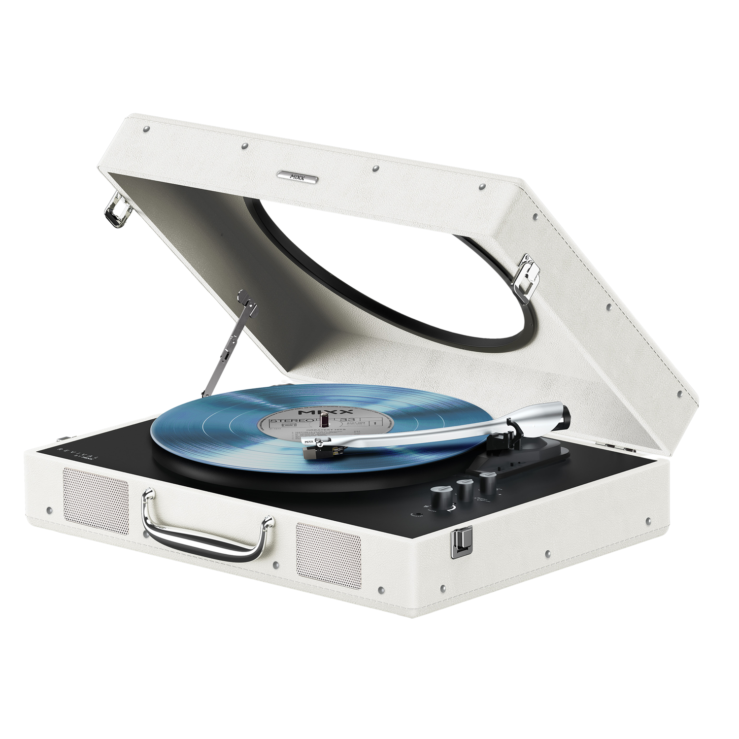 White record player with lid open, blue vinyl record and tonearm.
