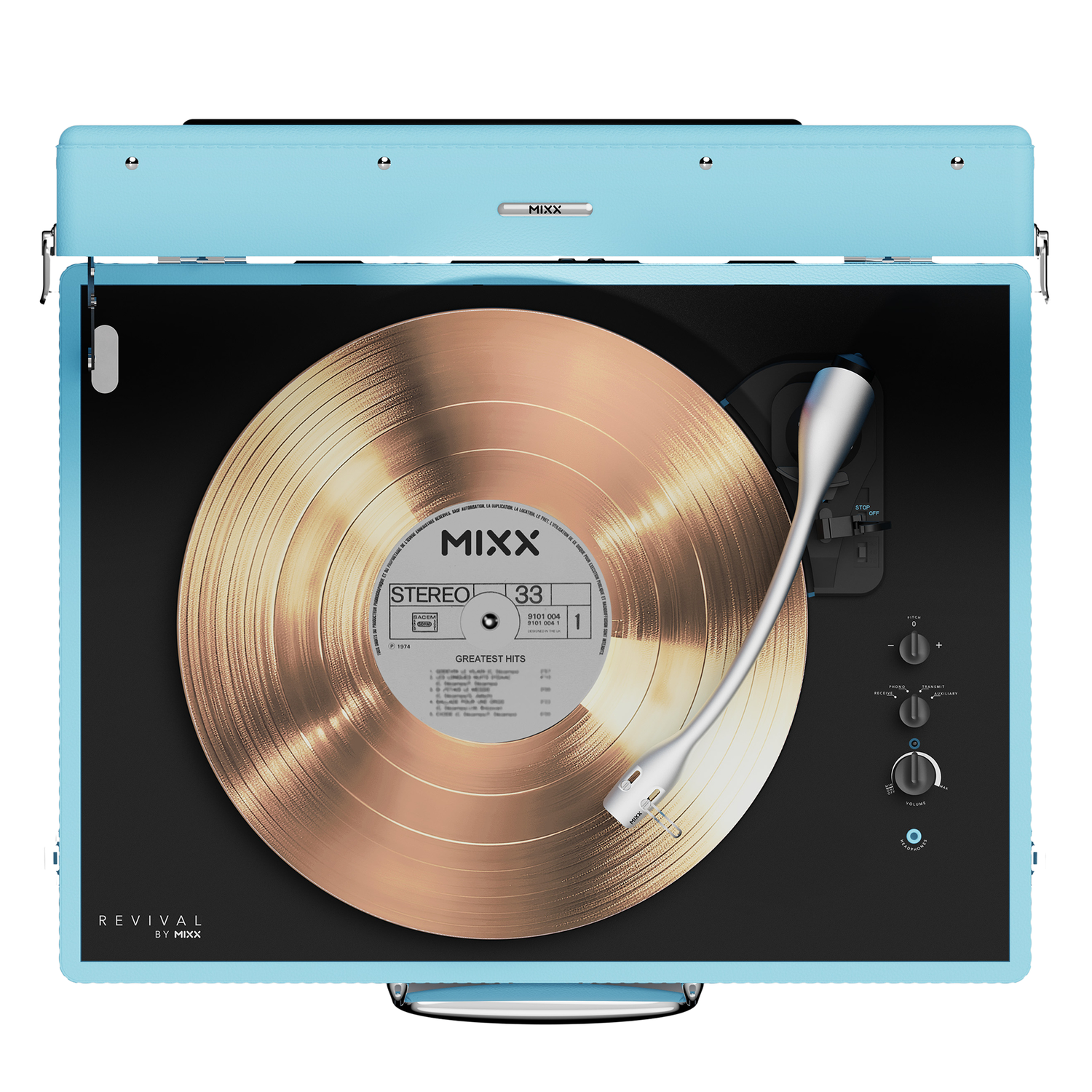 Light blue record player with a gold vinyl record and tonearm.