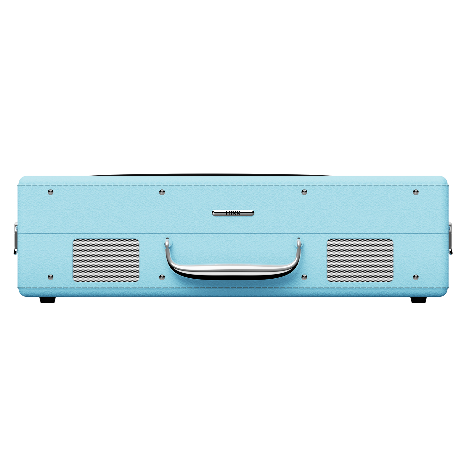 A light blue record player with a silver handle and speaker grilles.