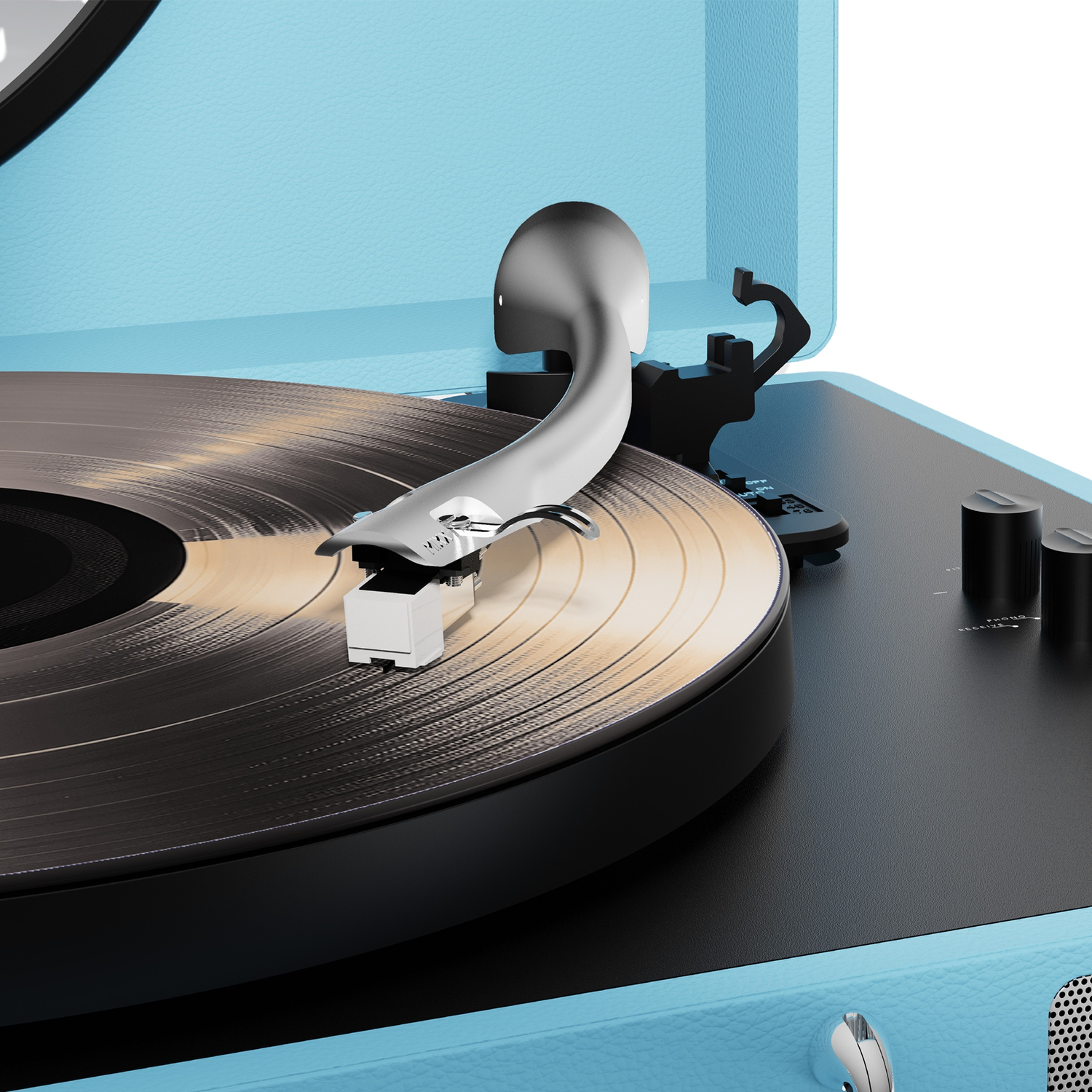 Close-up of a blue record player with needle on a vinyl record.