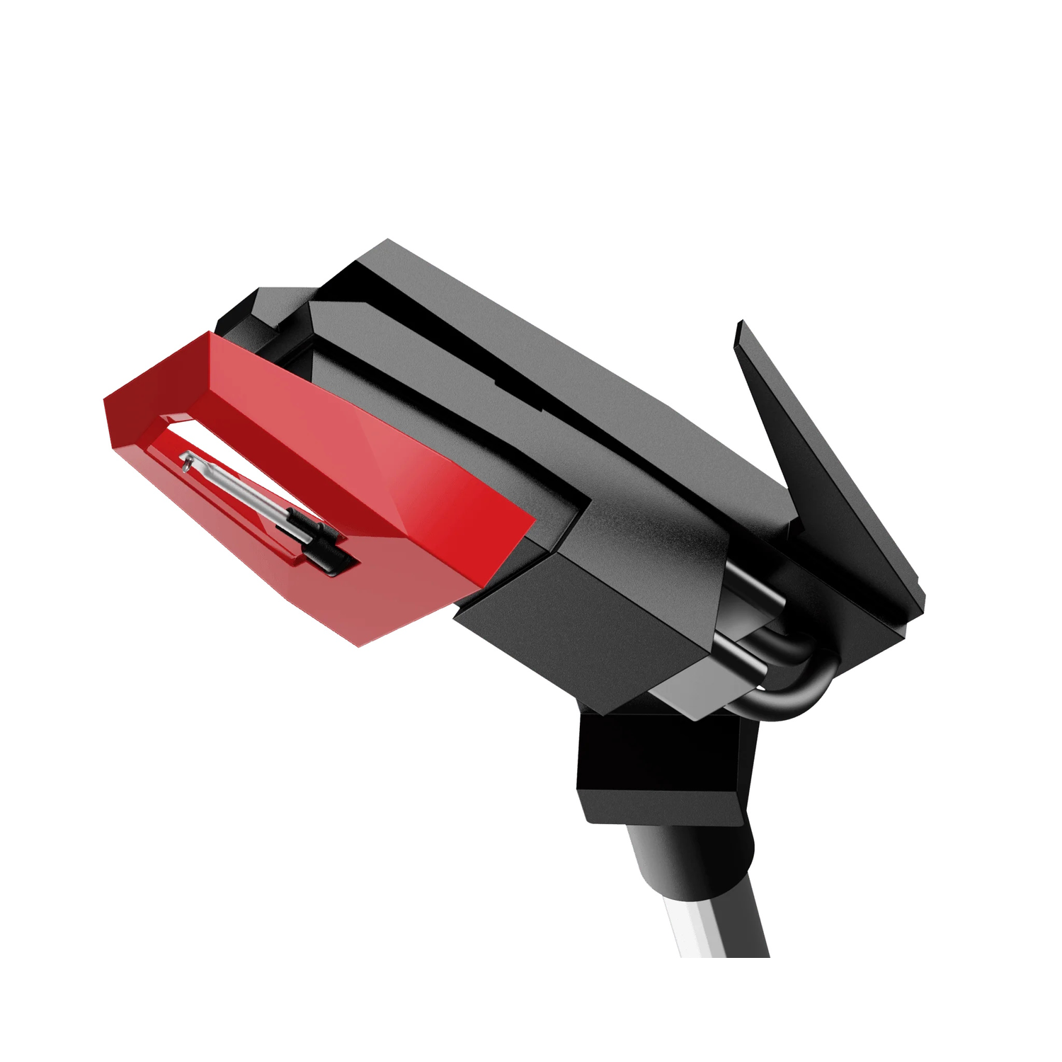 A black record player cartridge with a red cover and silver needle.