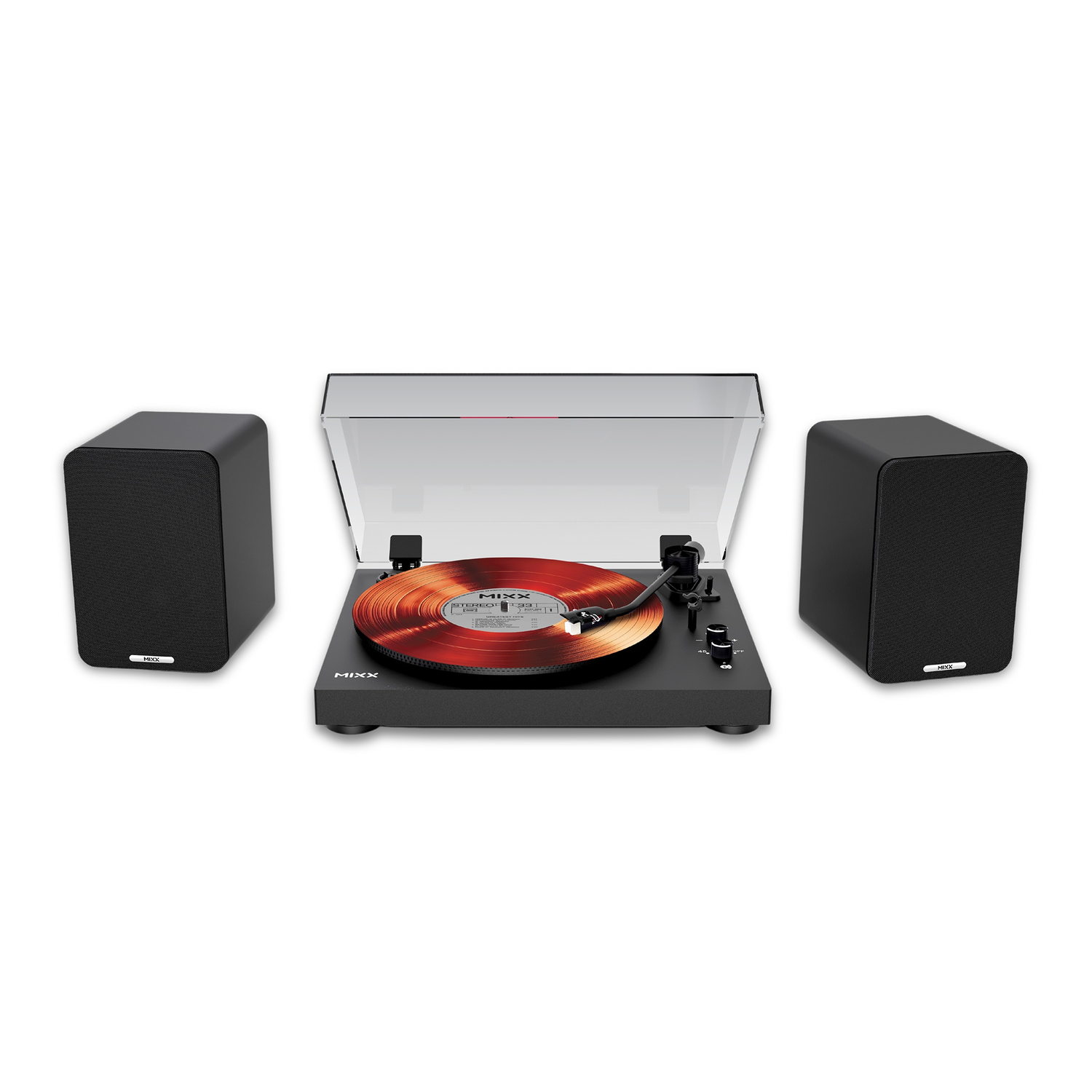 Black turntable with a red vinyl record and two black speakers.