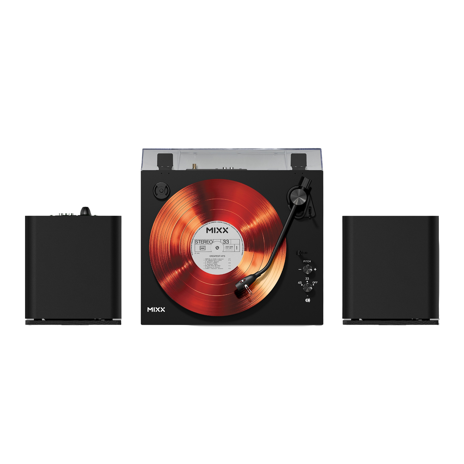 Black record player with red vinyl and two speakers.