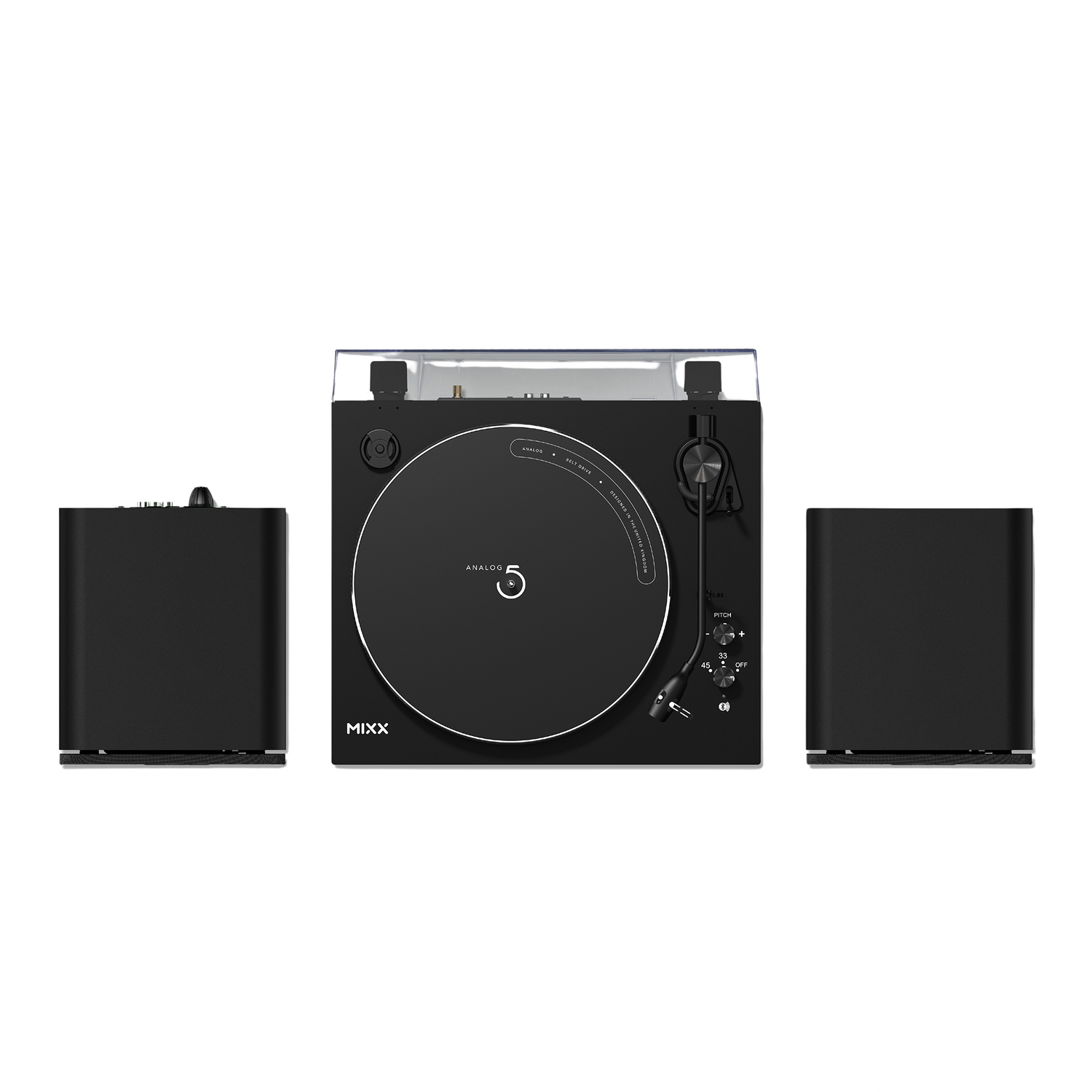 Black turntable with two speakers, white circles on the record.