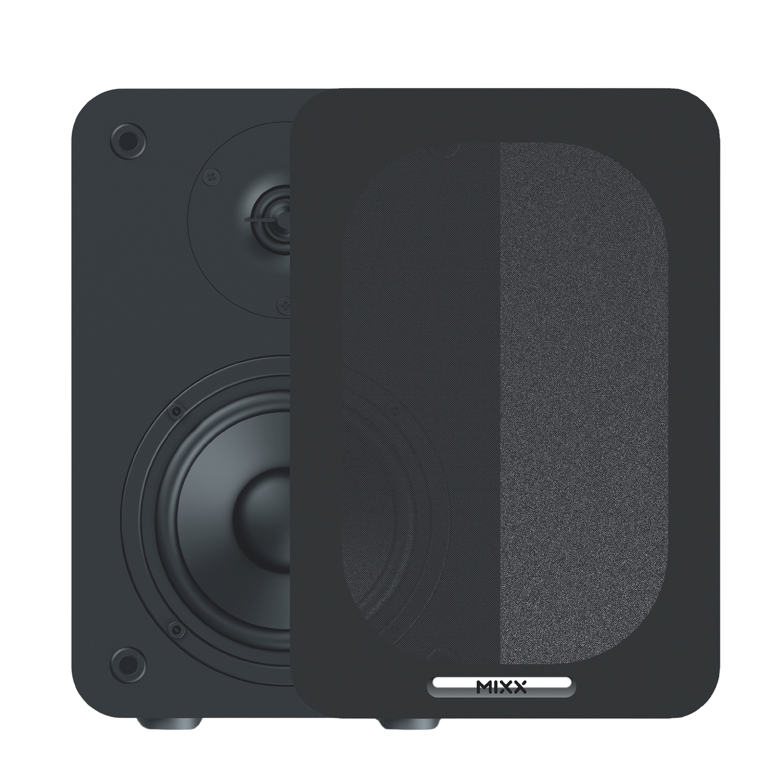 A black speaker with a removable grille covering the top half.