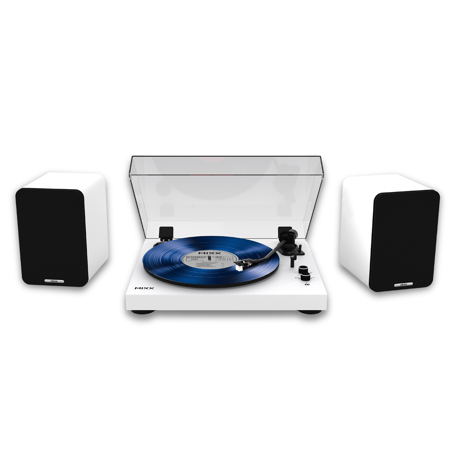 Een witte platenspeler met blauwe vinylplaat en twee witte luidsprekers.