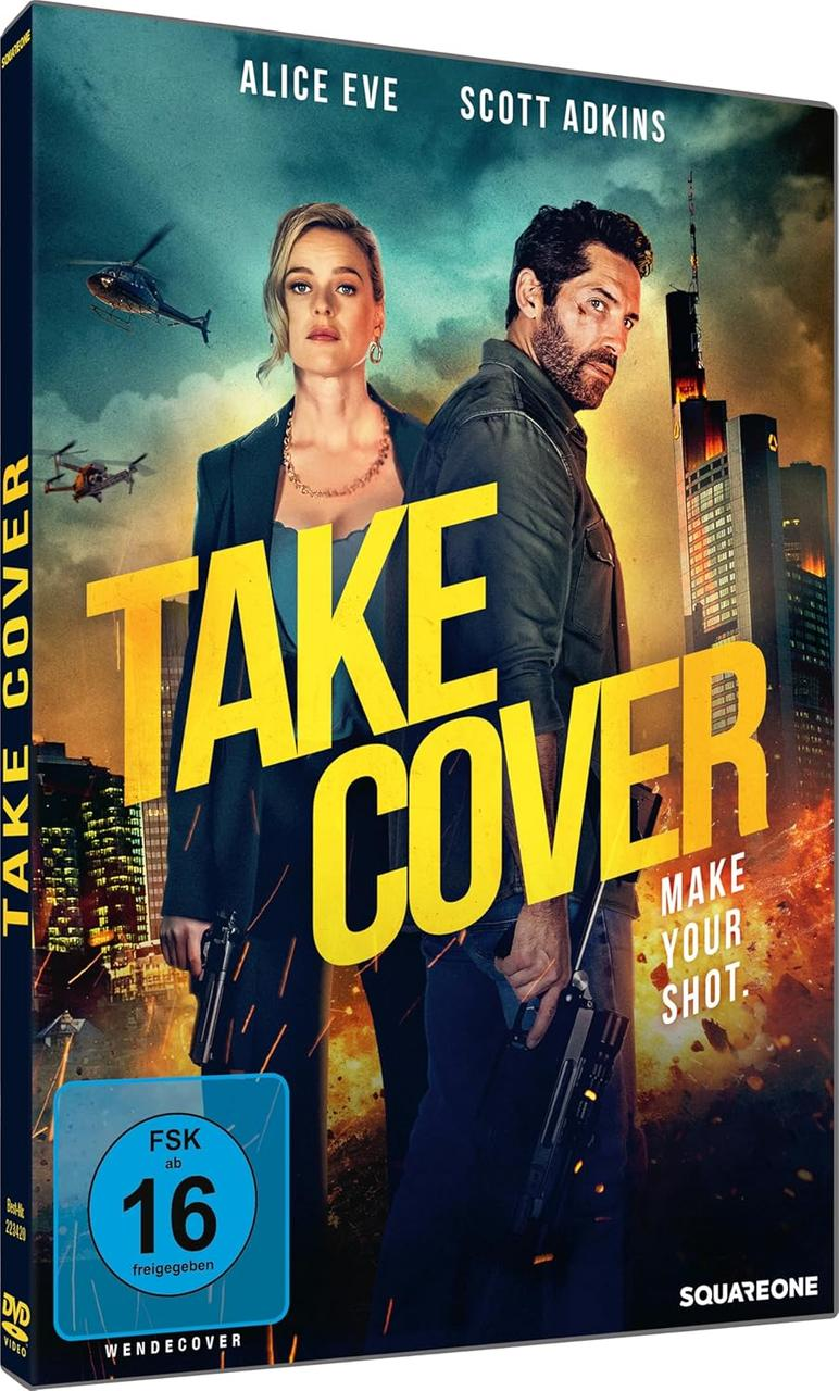 DVD-Hülle mit zwei Personen darauf. Filmtitel ist „Take Cover“. Die Bewertung ist FSK 16.