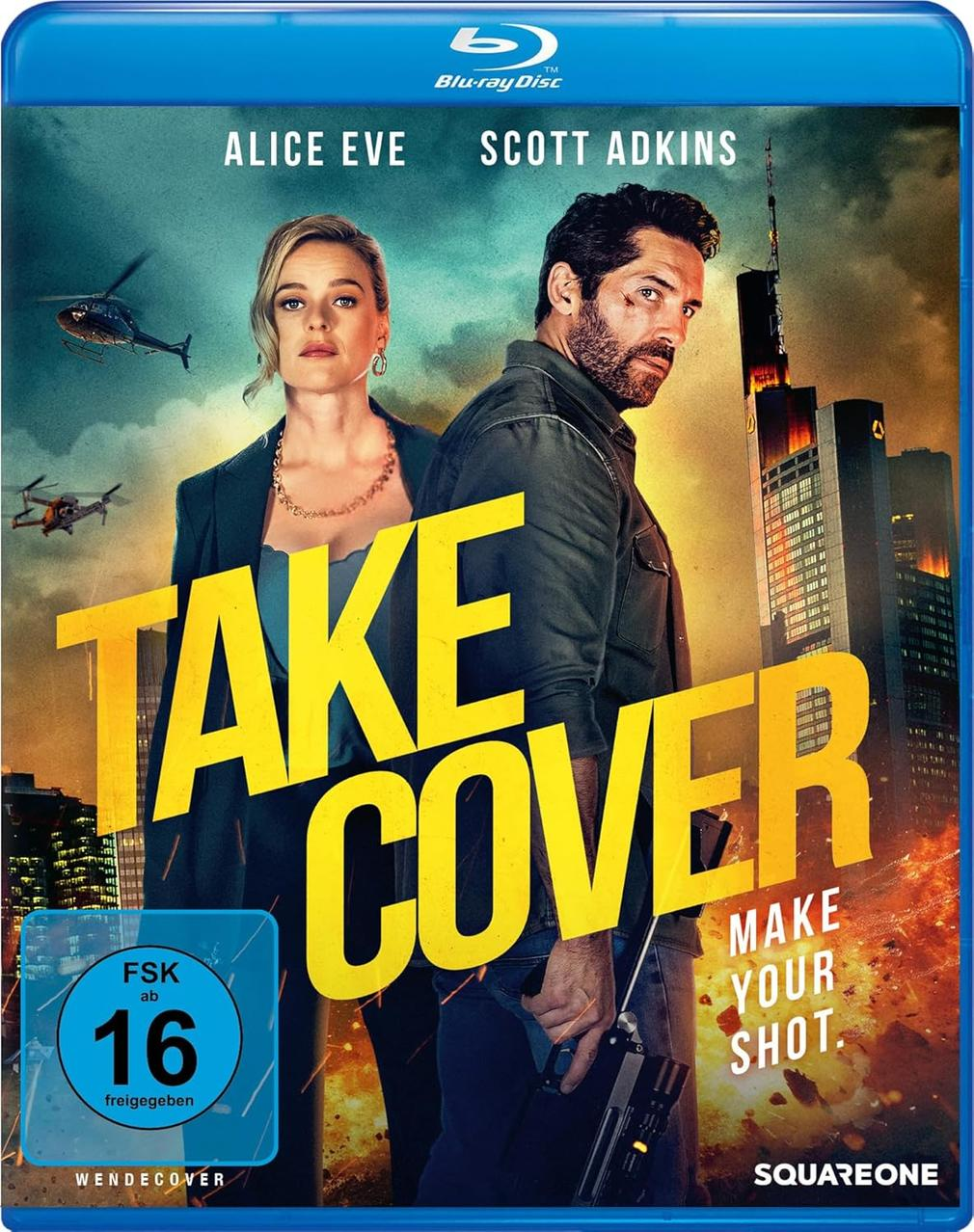 Filmcover mit Personen und Hubschraubern. Text: 'TAKE COVER'.