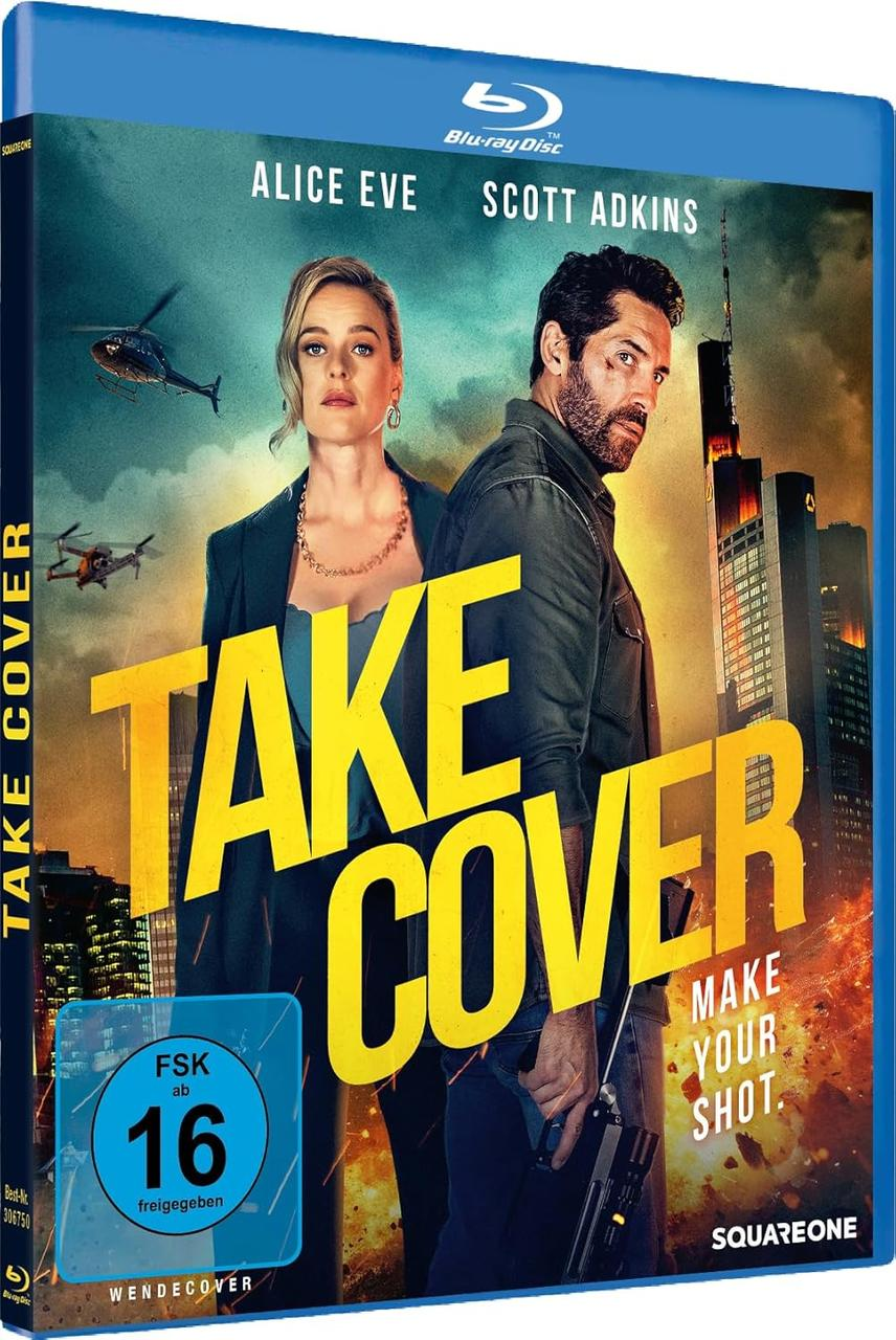 Filmcover: Alice Eve und Scott Adkins in einer Stadtszene. Titel: Take Cover.