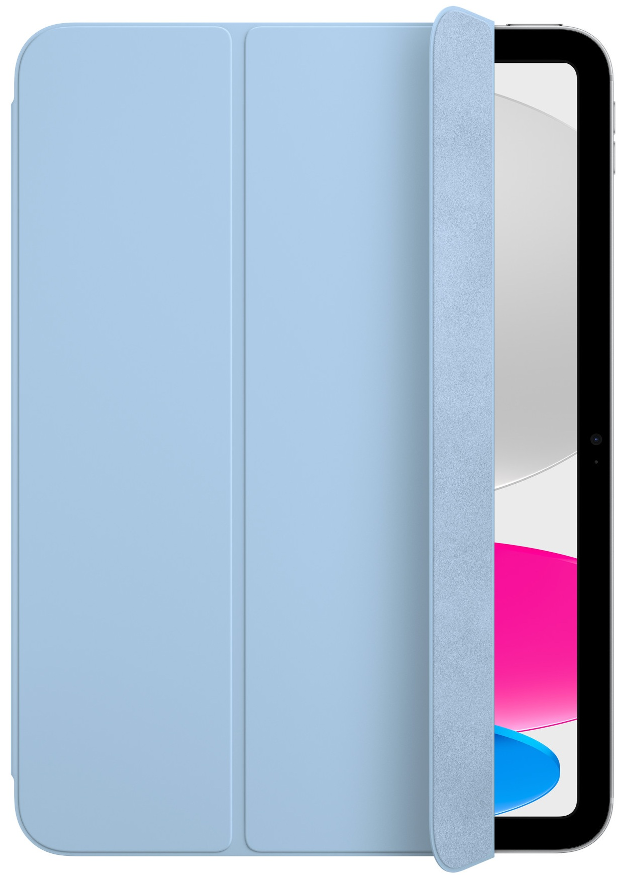 Jasnoniebieskie etui na iPada z otwartą, jasnoniebieską klapką, odsłaniającą ekran iPada.