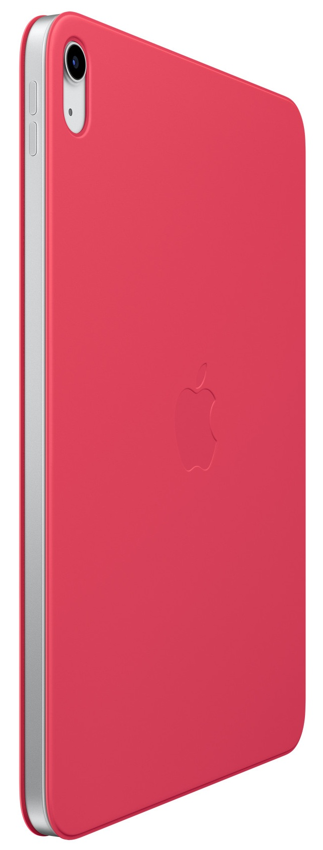 Czerwony iPad pod kątem, pokazujący tył z logo Apple i widok z boku.