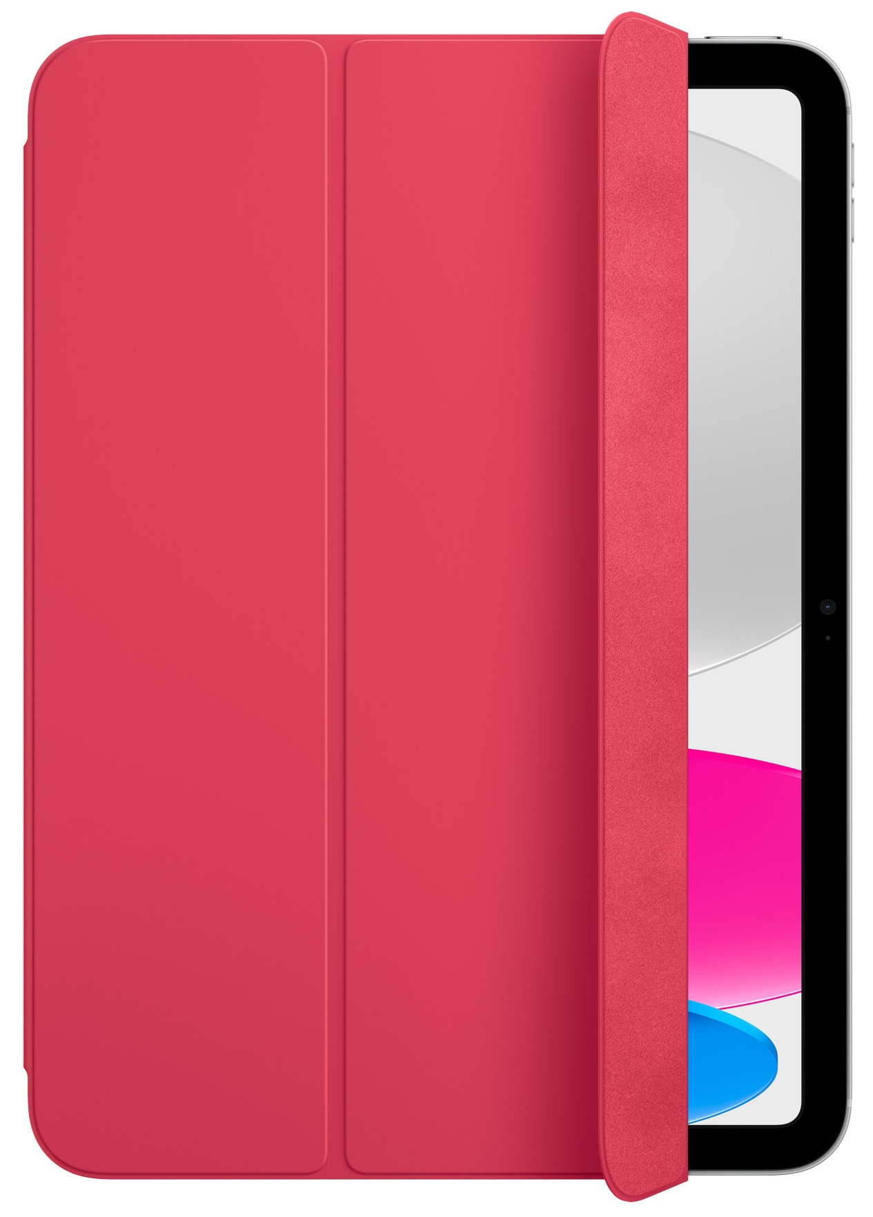 Otwarta czerwona obudowa iPada, odsłaniająca ekran iPada, czerwona obudowa z szarym wnętrzem.