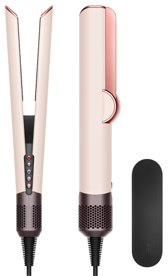 Prostownica do włosów, z otwartymi płytkami, przyciskami i przewodem, na białym tle.