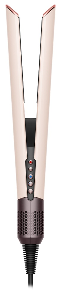 Prostownica do włosów, z otwartymi płytkami, przyciskami i przewodem, na białym tle.