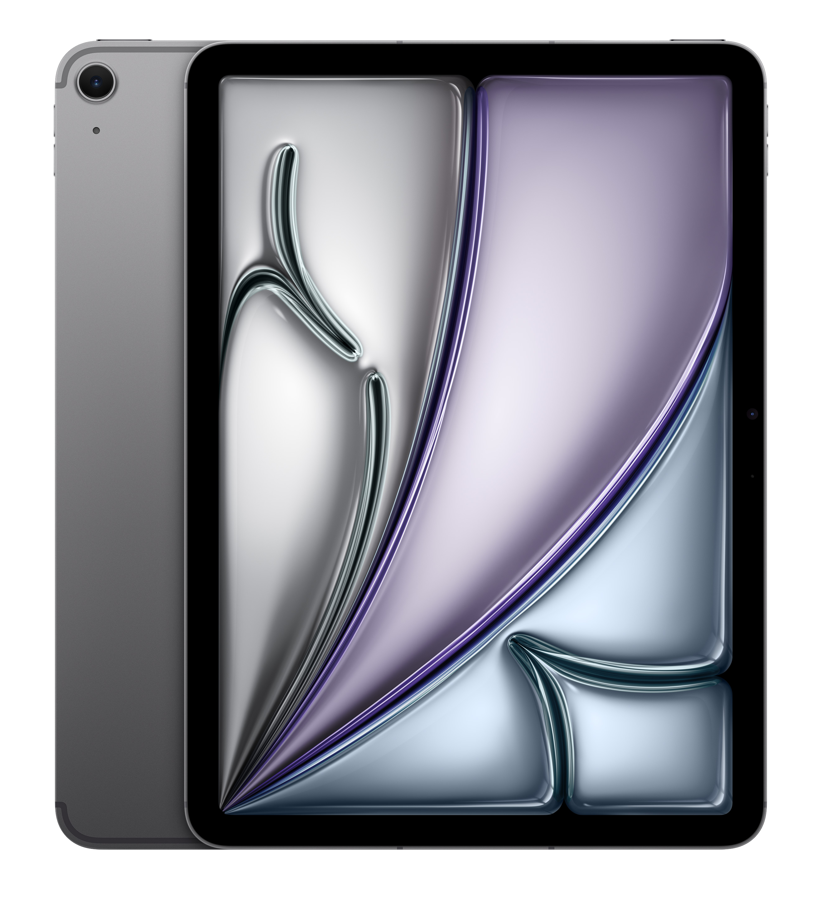 Tablet w kolorze szarym i srebrnym. Ekran wyświetla kolorowy abstrakcyjny wzór.