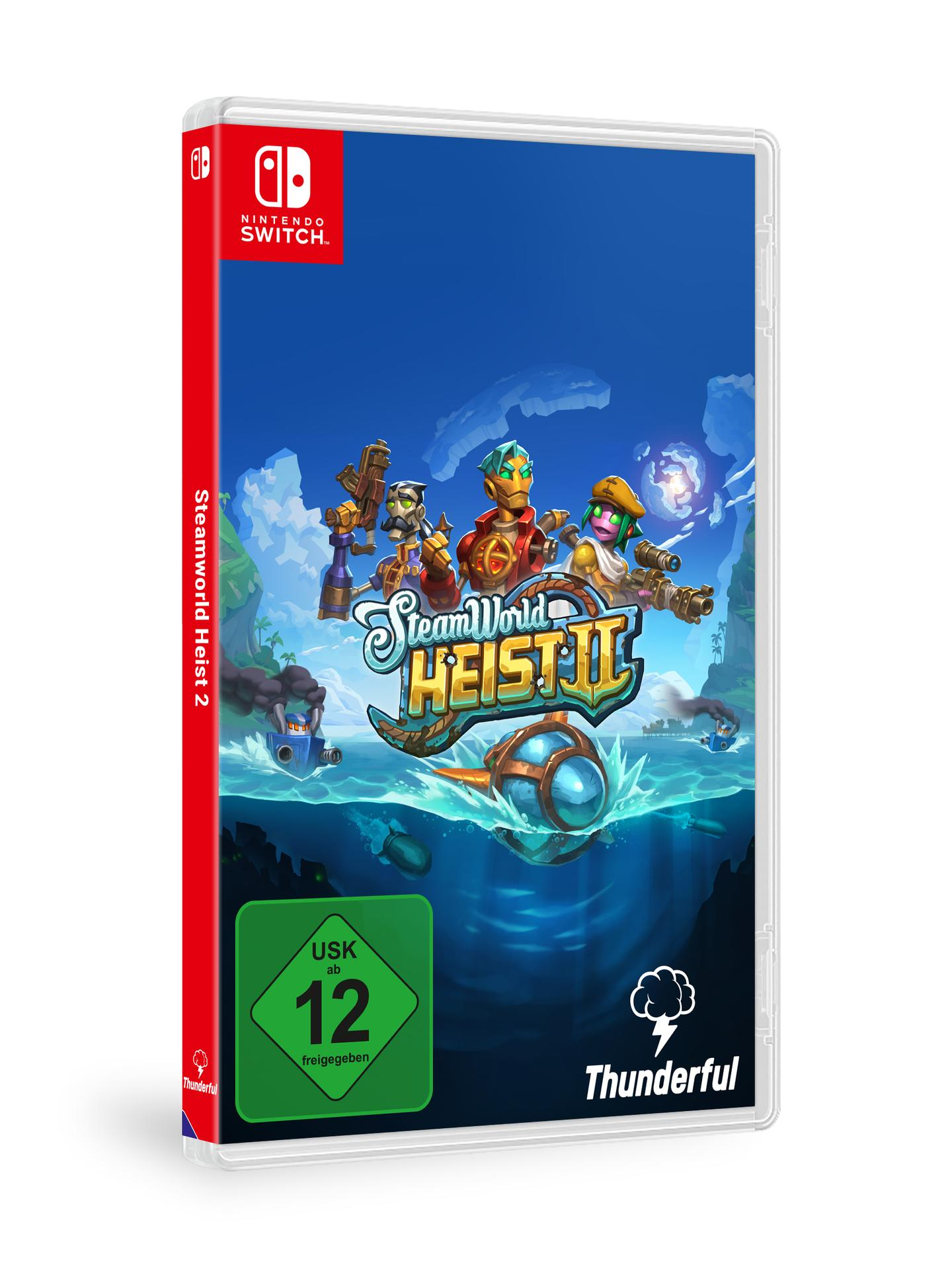 Steamworld Heist 2 Spielbox. Das Cover zeigt Zeichentrickfiguren und ein U-Boot.