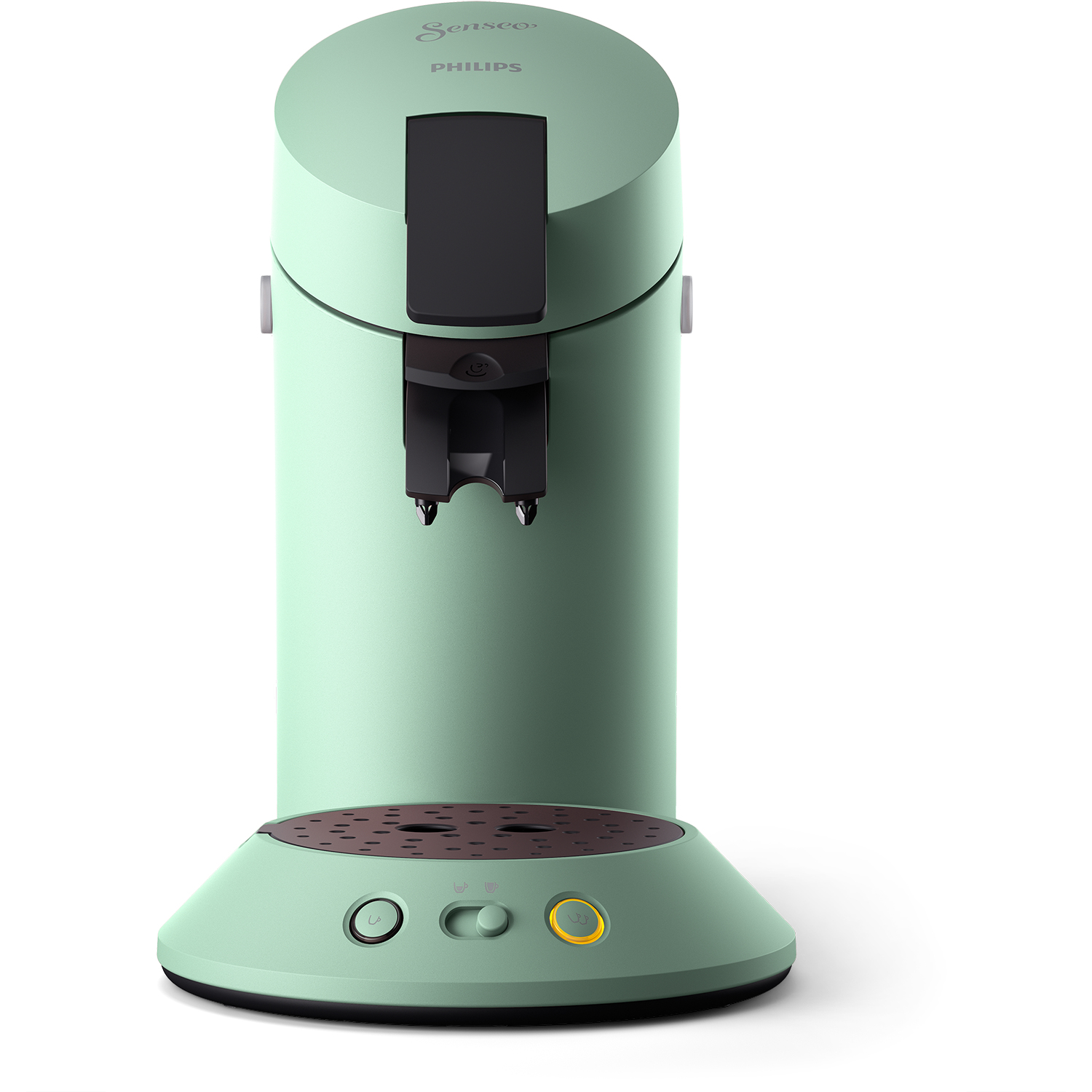 Eine türkisfarbene Senseo-Kaffeemaschine auf weißem Hintergrund, Vorder- und Seite zeigend.